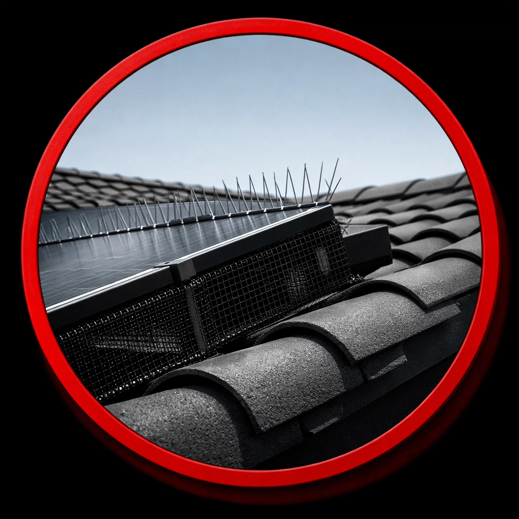 Pigeon control spikes and solar panel bird netting installed on a Coolidge residential roof.