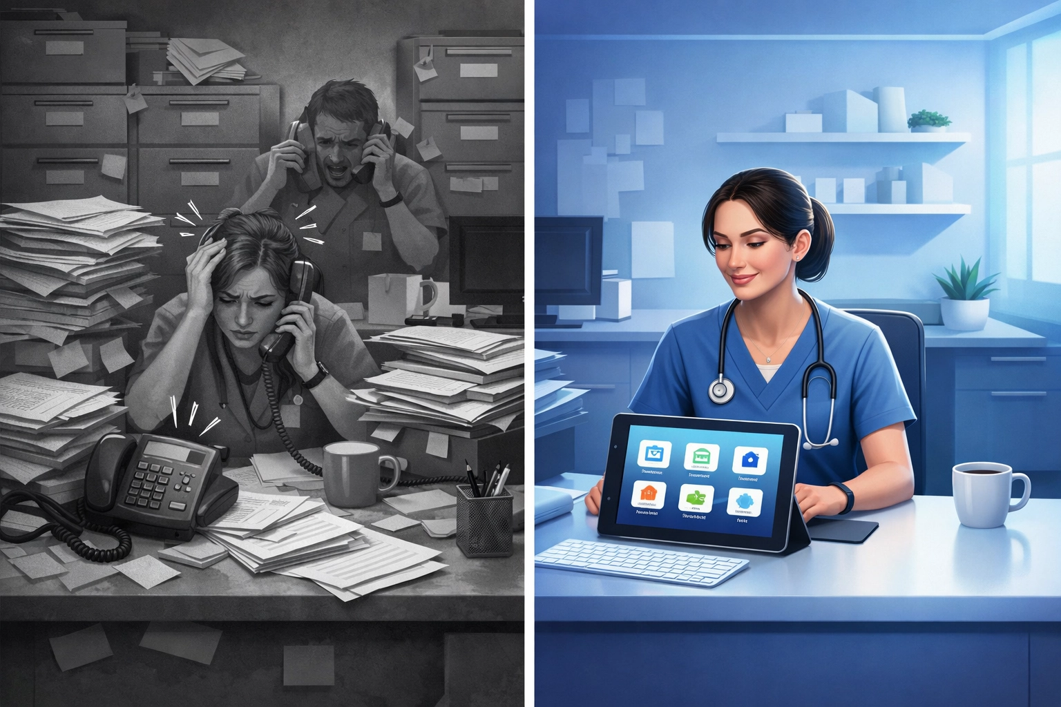 Before and after comparison of clinic workspace showing manual chaos versus AI workflow efficiency