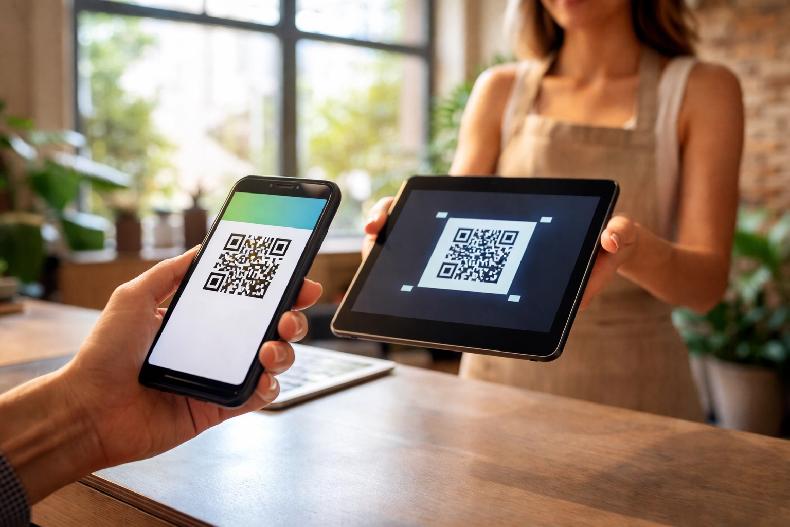 Customer scanning QR code at a retail counter using crypto POS, highlighting seamless Web3 payments.
