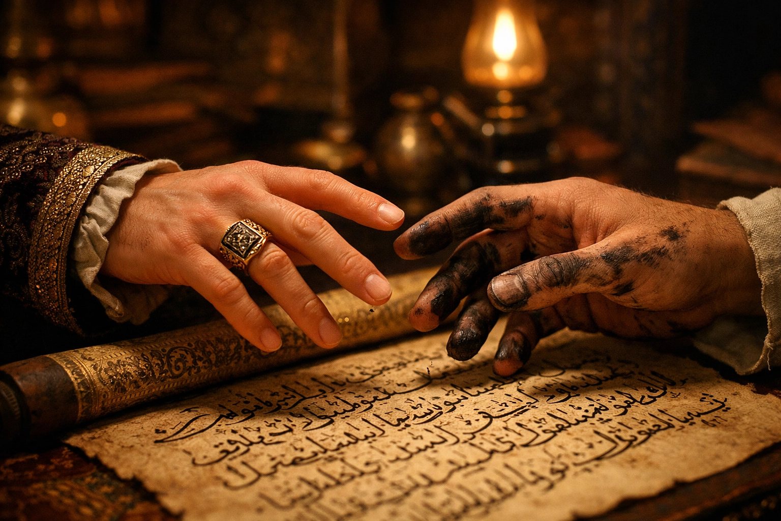 Prince and scholar hands over a calligraphy scroll, capturing the essence of historical MM romance novels.