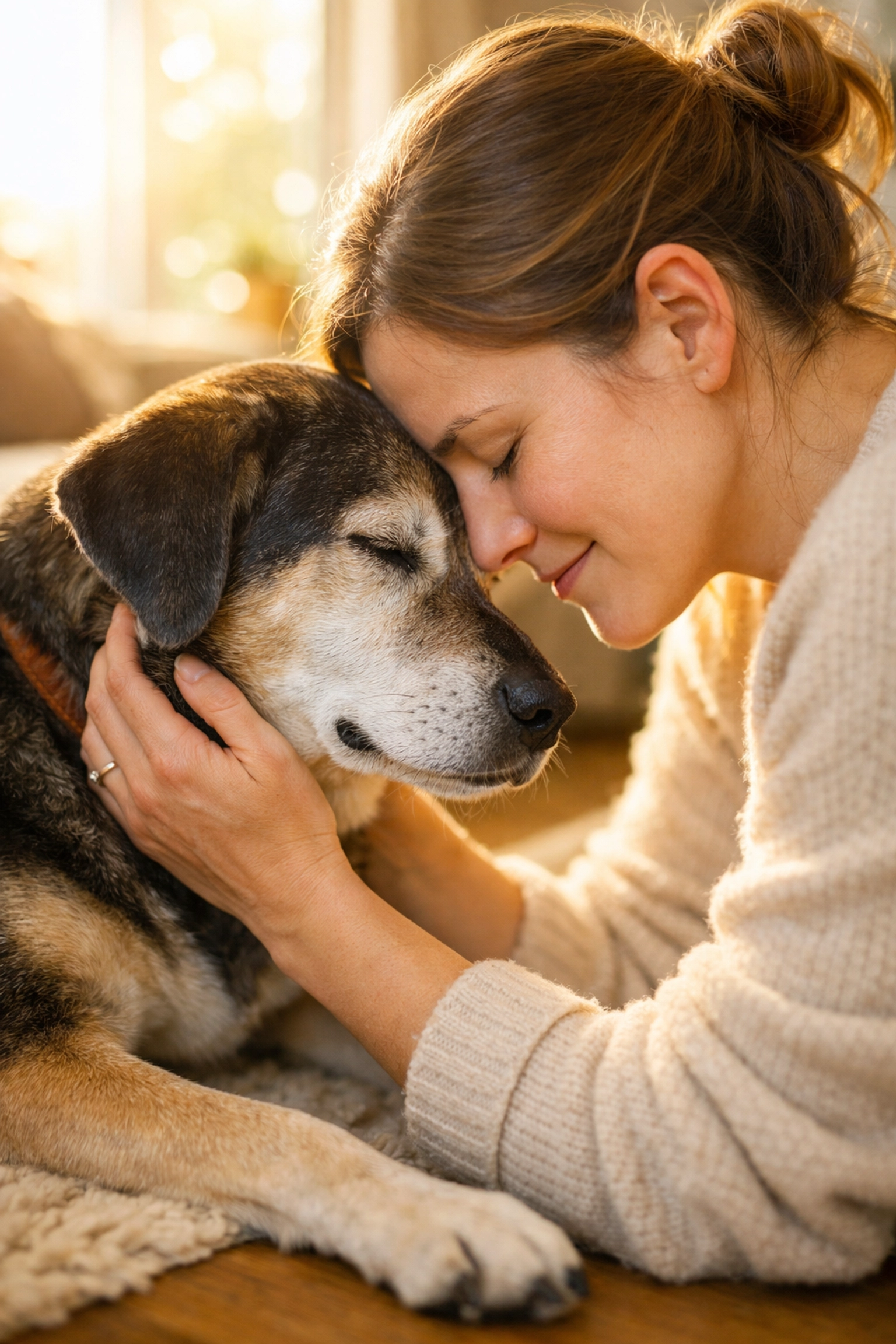 Heartwarming bond between a person and a senior rescue dog, showing the deep connection of adopting a long-stay pet.
