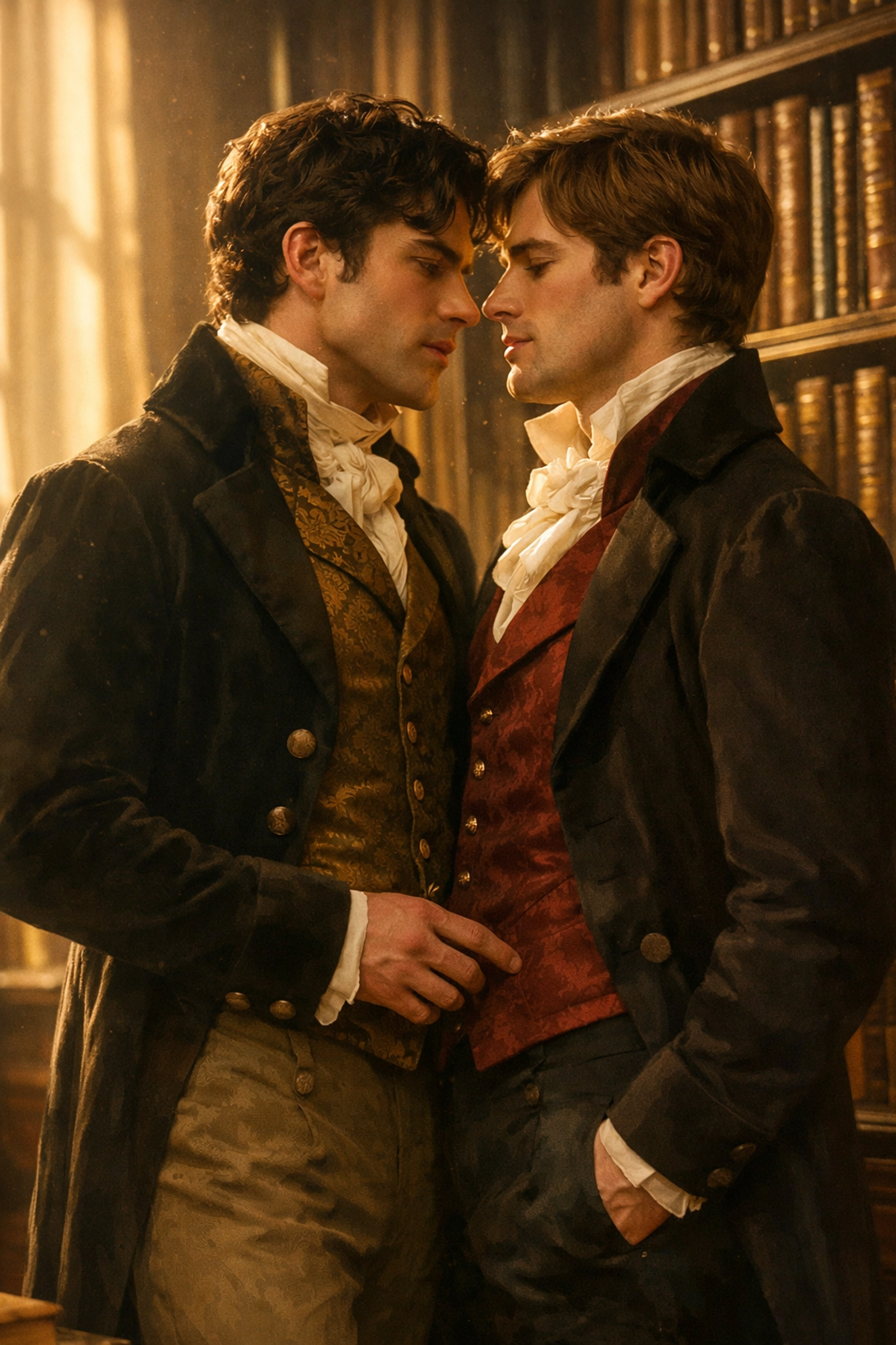 Romantic scene from a gay historical romance novel featuring two men in a sun-drenched library.