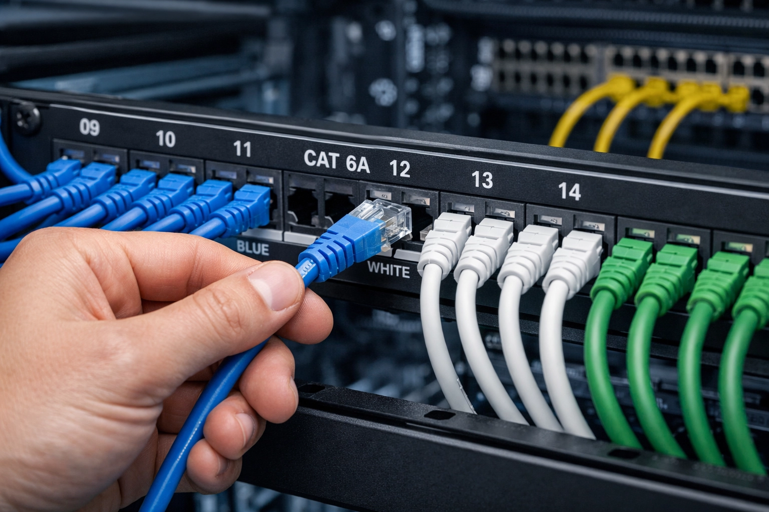 Professional Cat6A ethernet cable installation into organized patch panel