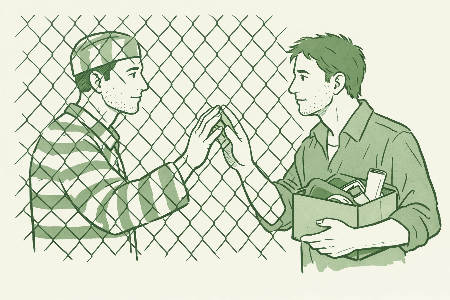 Two gay men separated by prison fence on release day, hands nearly touching in bittersweet goodbye