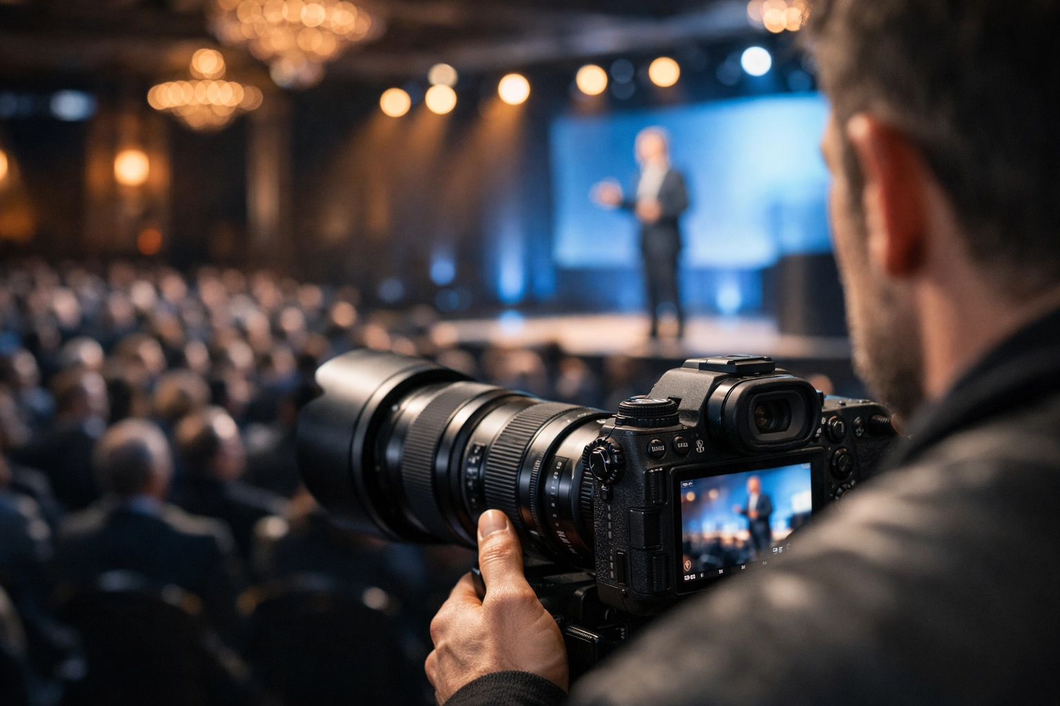 Professional NYC event photographer capturing a keynote speaker at a corporate photography event.