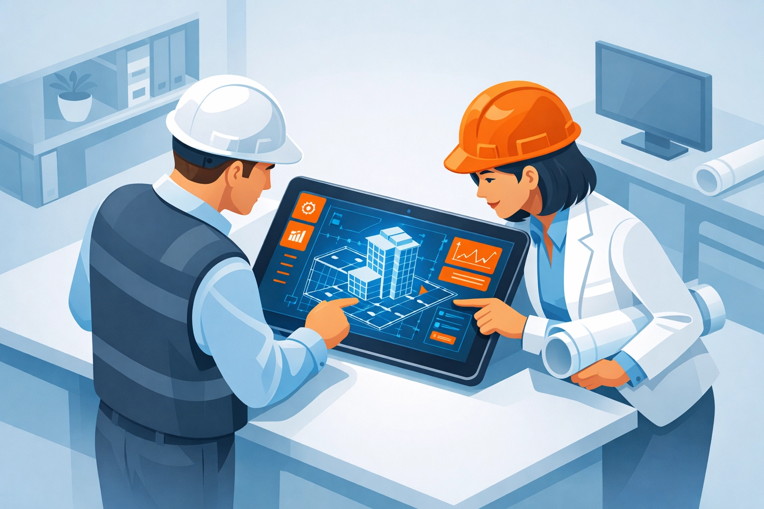 Licensed Florida engineers and architects reviewing digital blueprints for building code compliance.