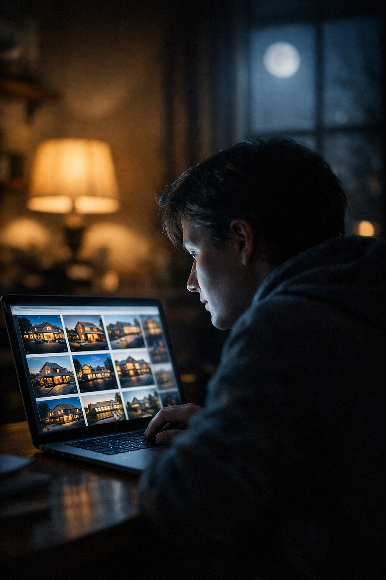 A home buyer browsing listings late at night, representing a quiet but high-value real estate lead.