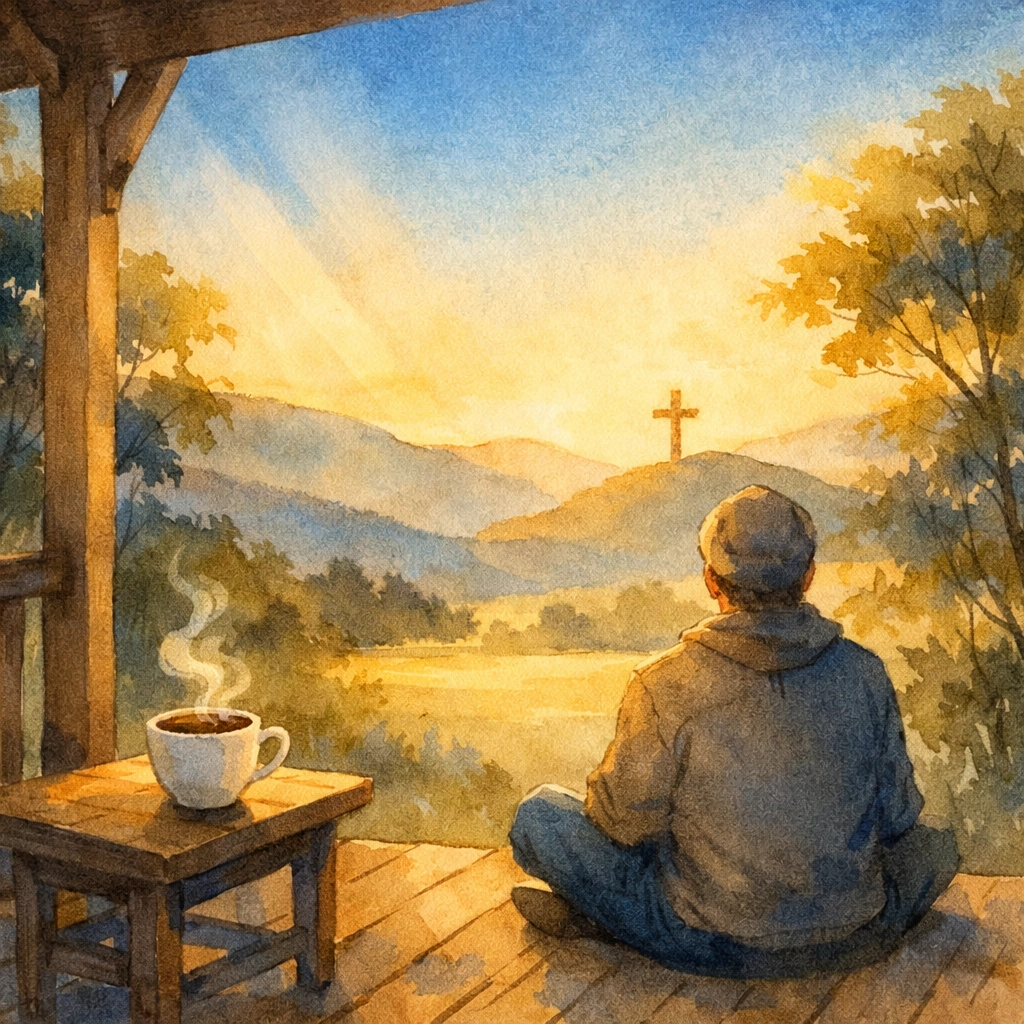 Person sitting peacefully on porch with coffee at golden hour, finding beauty in ordinary moments of faith