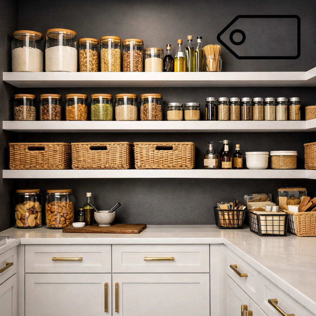 Organized pantry with glass jars and baskets, showcasing professional organizing services in Columbus.