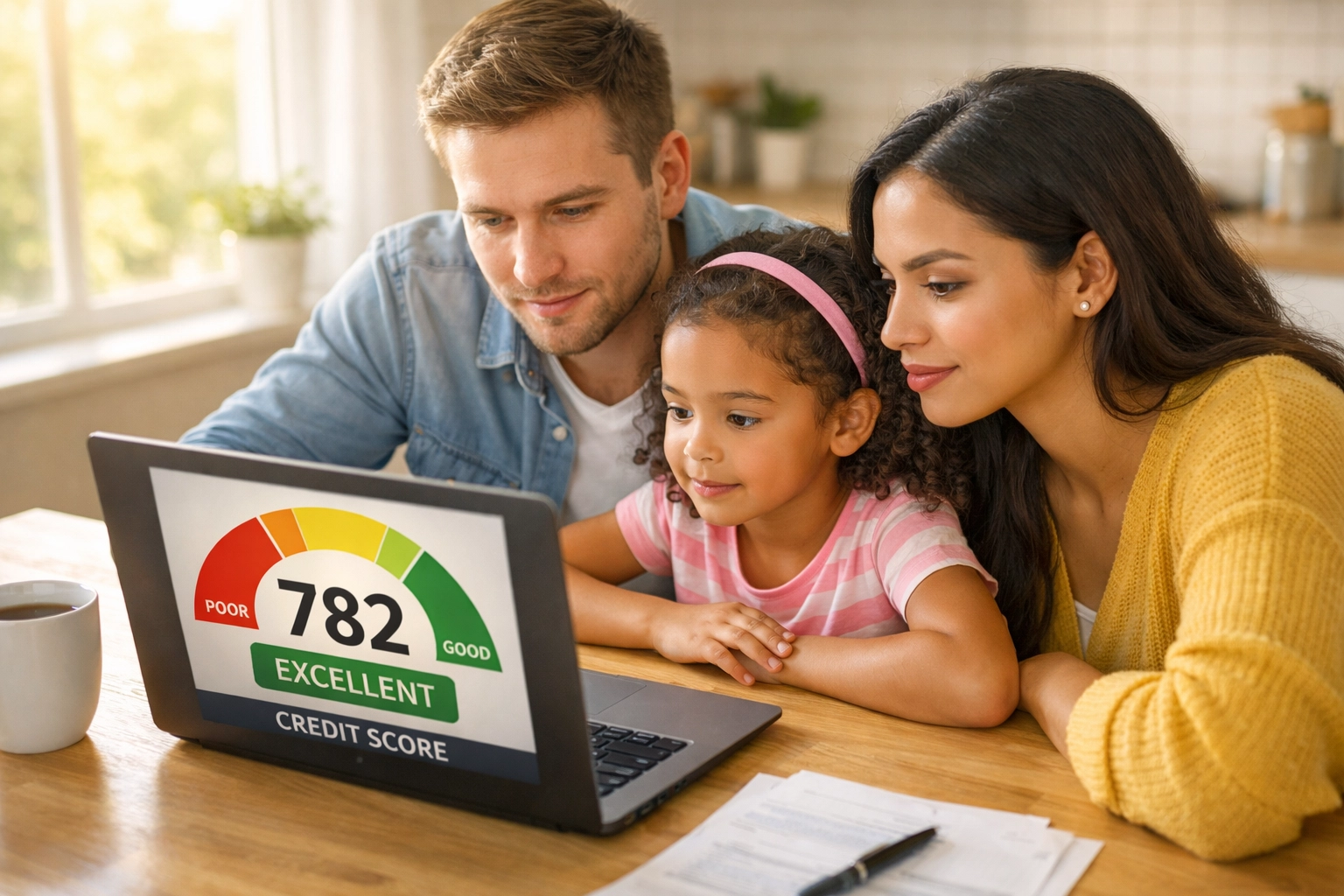 Texas family reviewing credit score together on laptop at kitchen table