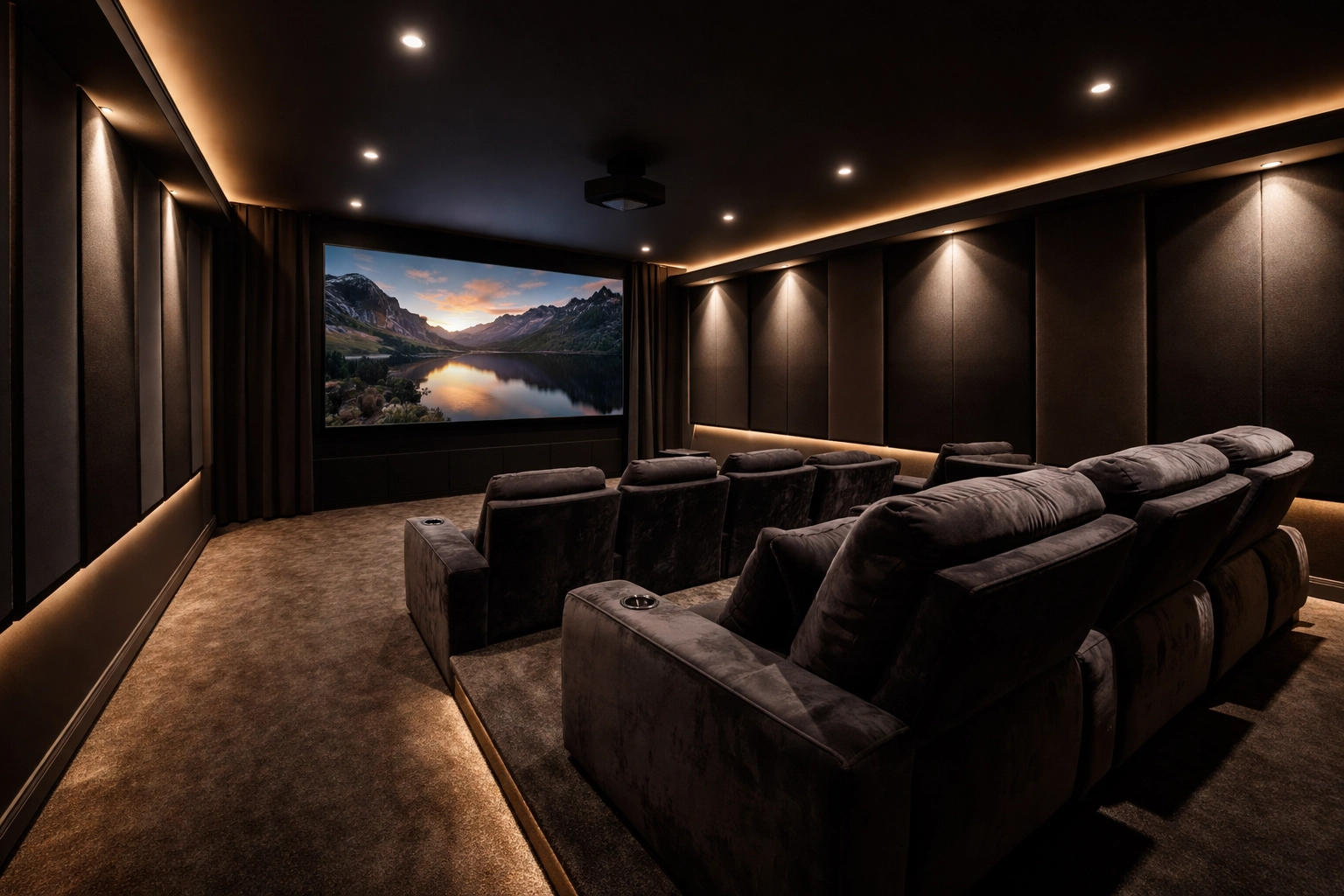 Modern basement home theater with velvet seating and acoustic panels in a Minneapolis home