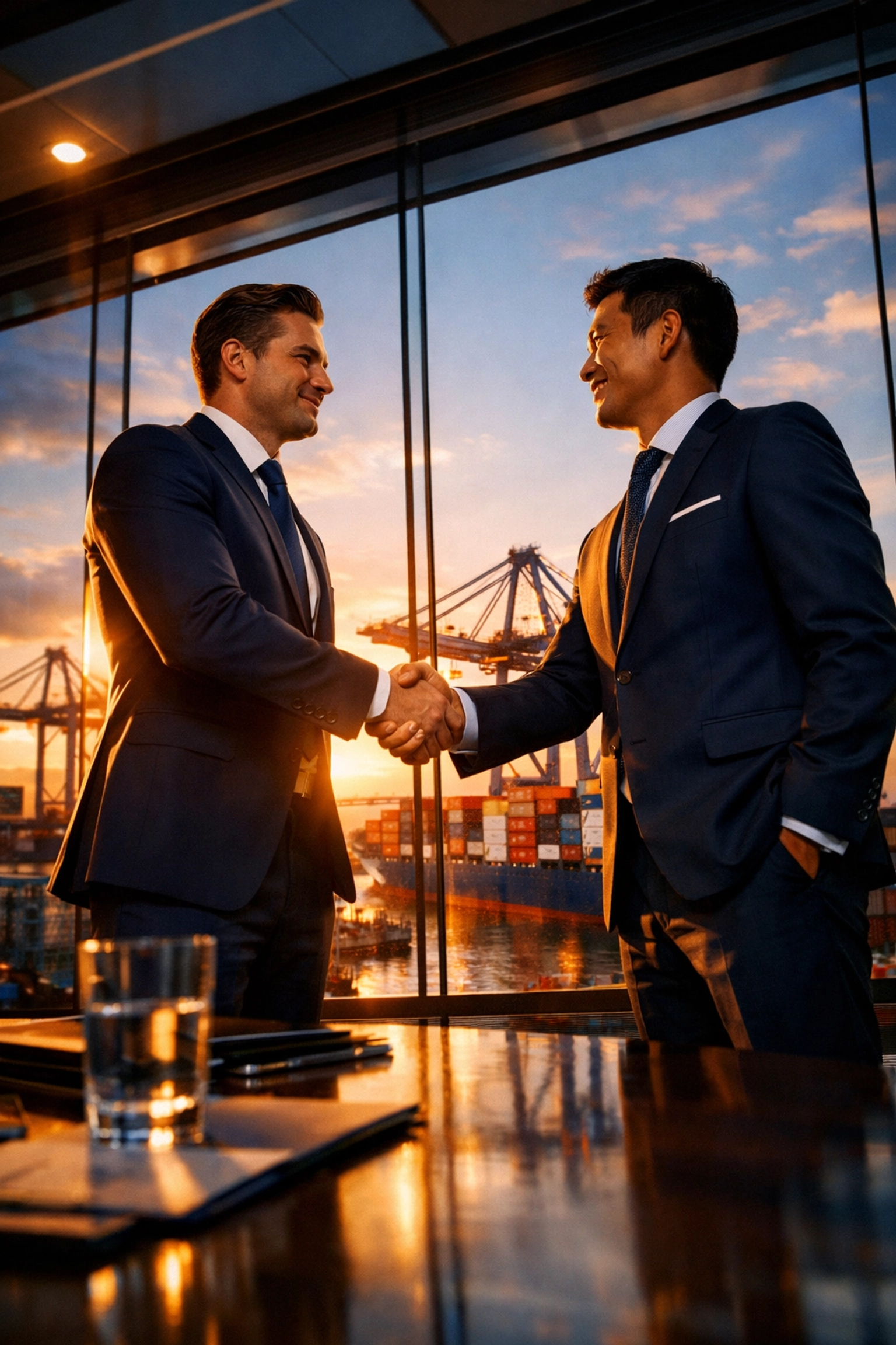 Business partnership meeting overlooking an international shipping port for global logistics.