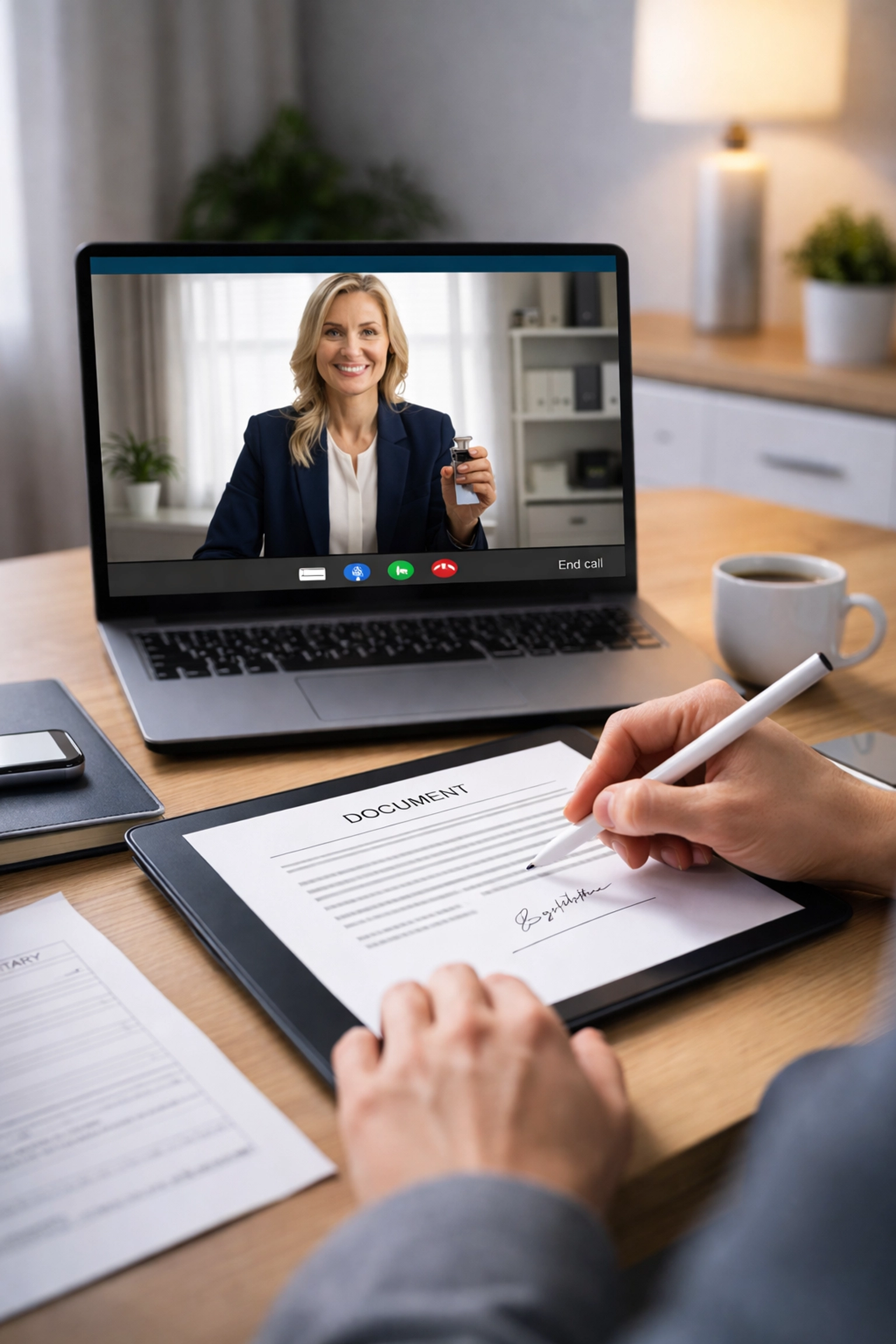 Client completing remote online notarization session with a Texas notary via video call