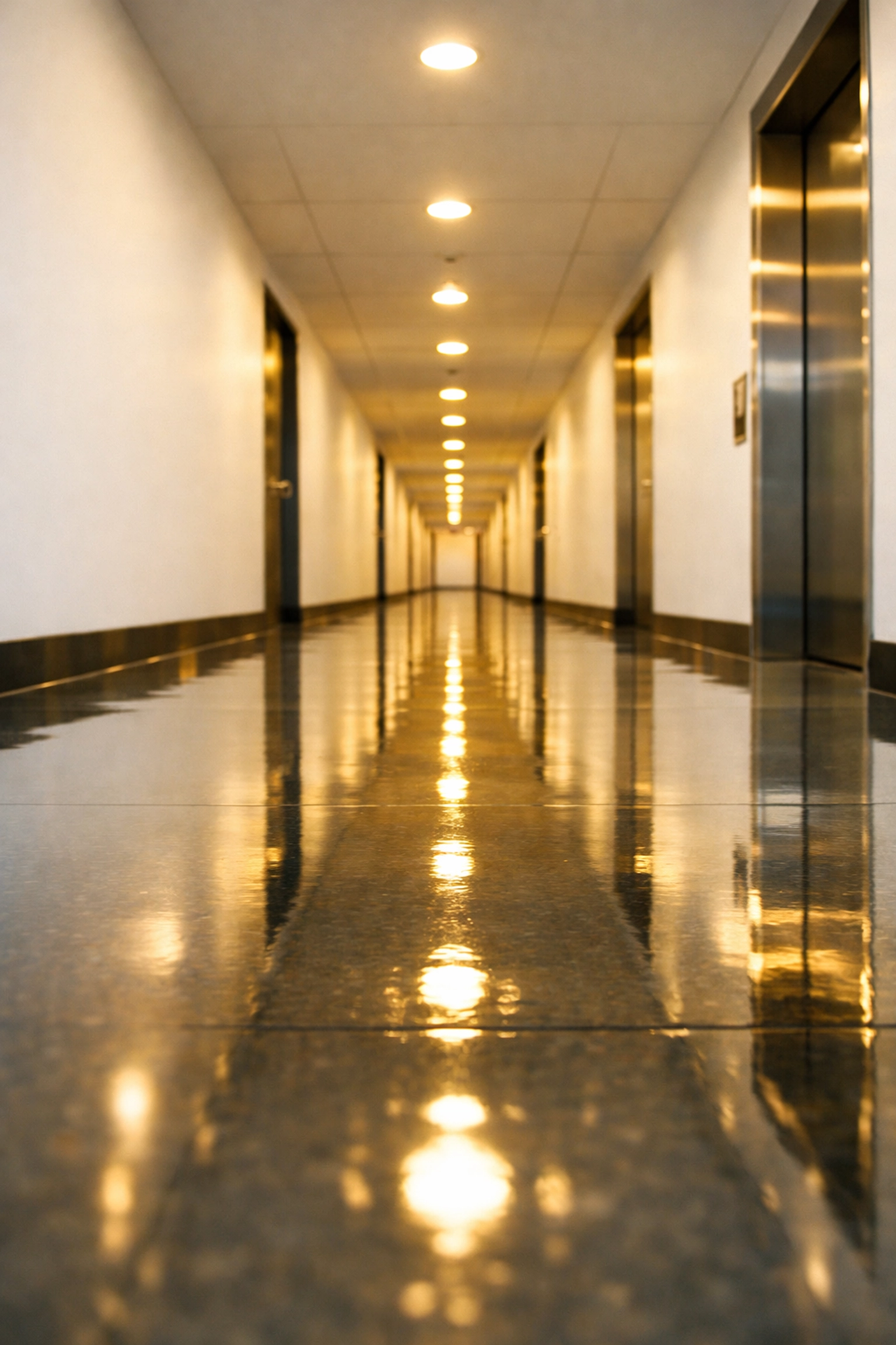 Polished commercial hallway with a mirror-like finish demonstrating expert floor maintenance and cleaning.