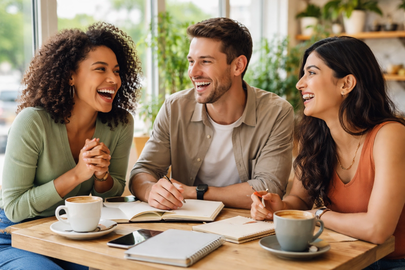Friends practicing English conversation together at a café, demonstrating interactive language learning