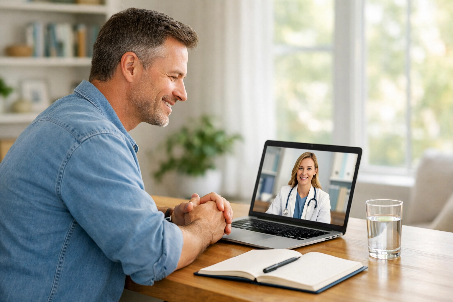 A patient having an online medical consultation for weight loss with a provider on his laptop.