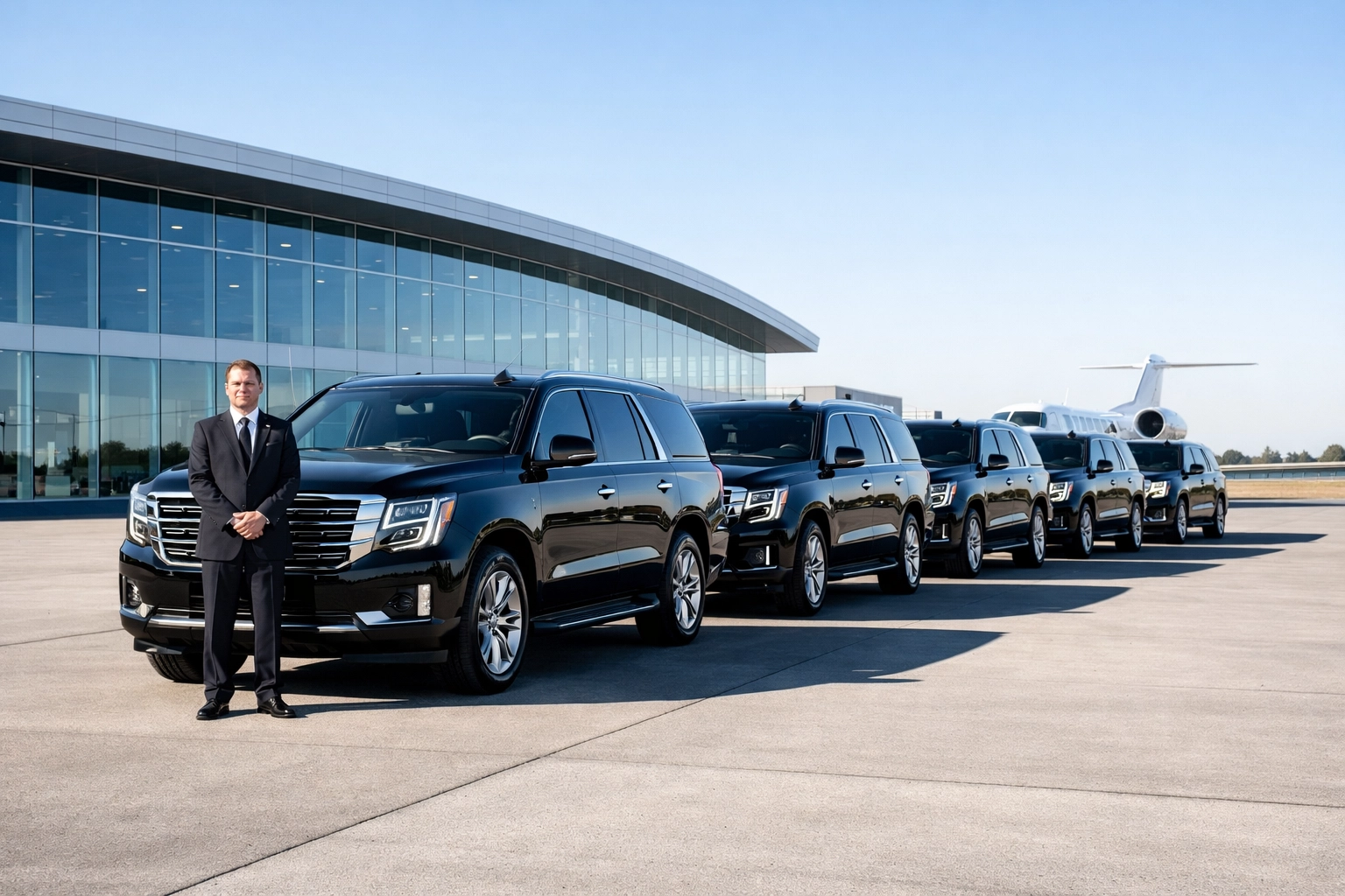Fleet of black luxury SUVs at a private jet terminal representing seamless corporate travel management.