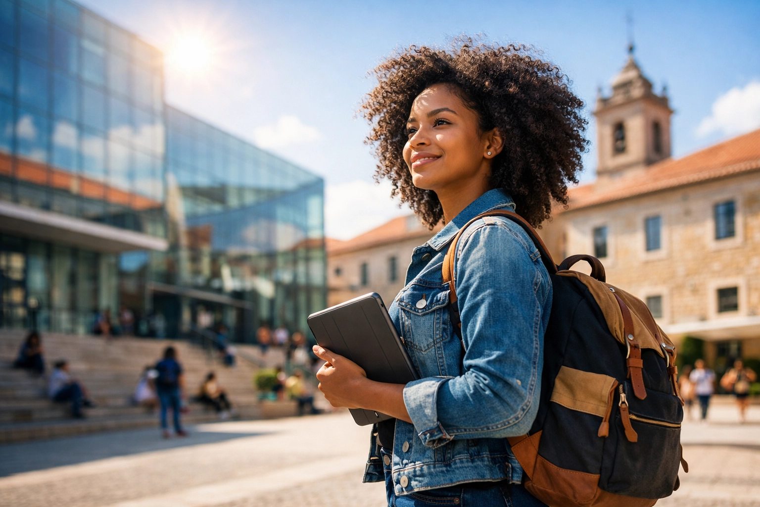 Estudante cabo-verdiana em campus universitário moderno em Portugal, simbolizando sucesso académico.