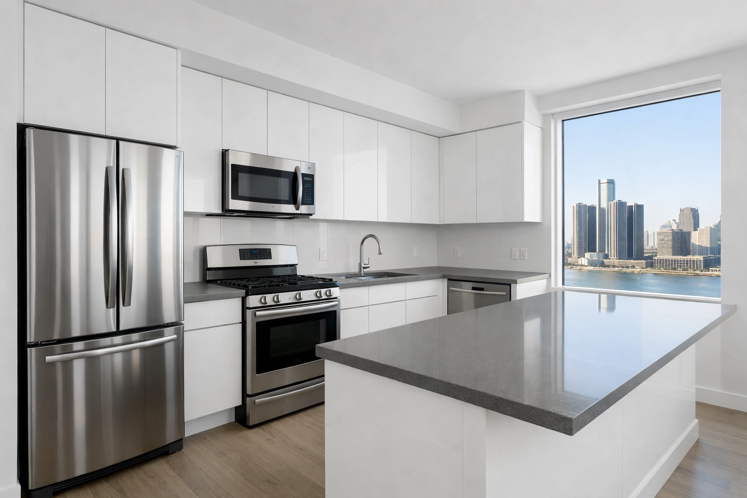 A spotless, market-ready modern kitchen in a Detroit apartment after a professional move-out clean.