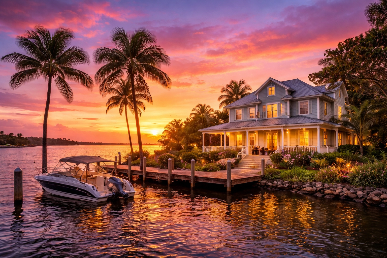Waterfront home in Tampa Bay at sunset, ideal for rental property investment in Florida’s vibrant coastal market.