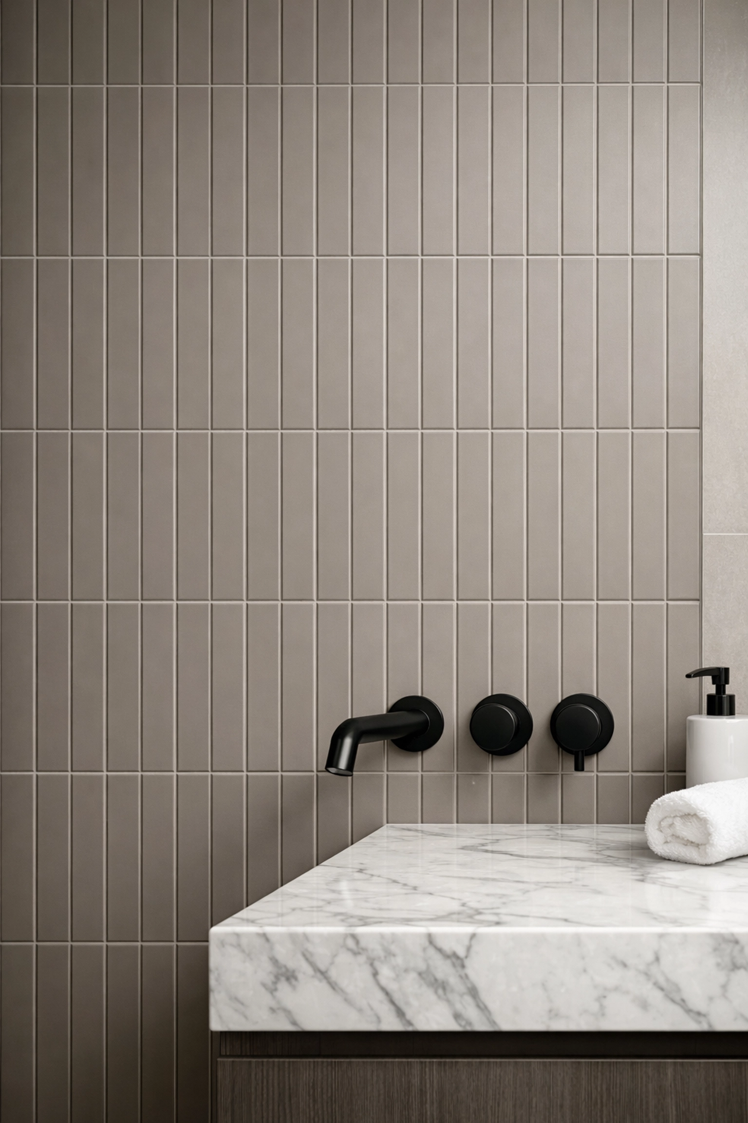 Vertical stack bond tile installation in a modern Orlando bathroom renovation.