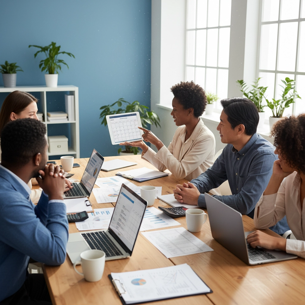 Diverse business team meeting around a table, woman pointing to a calendar on a tablet.