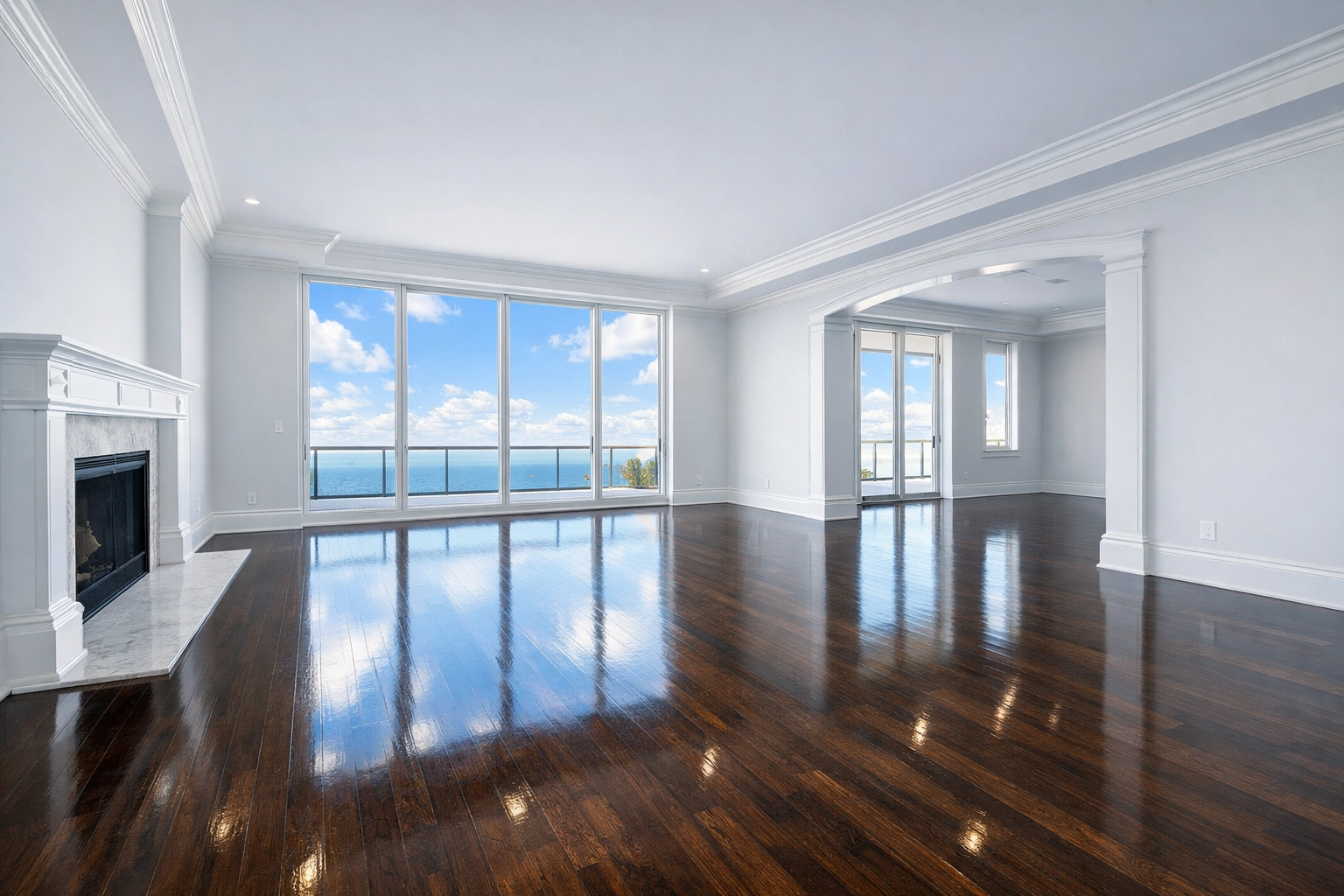 Pristine unfurnished living room with polished floors after move-out cleaning Worcester MA.