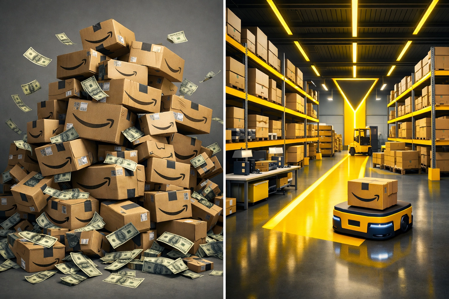 Chaotic Amazon operations versus organized warehouse showing margin-protecting systems