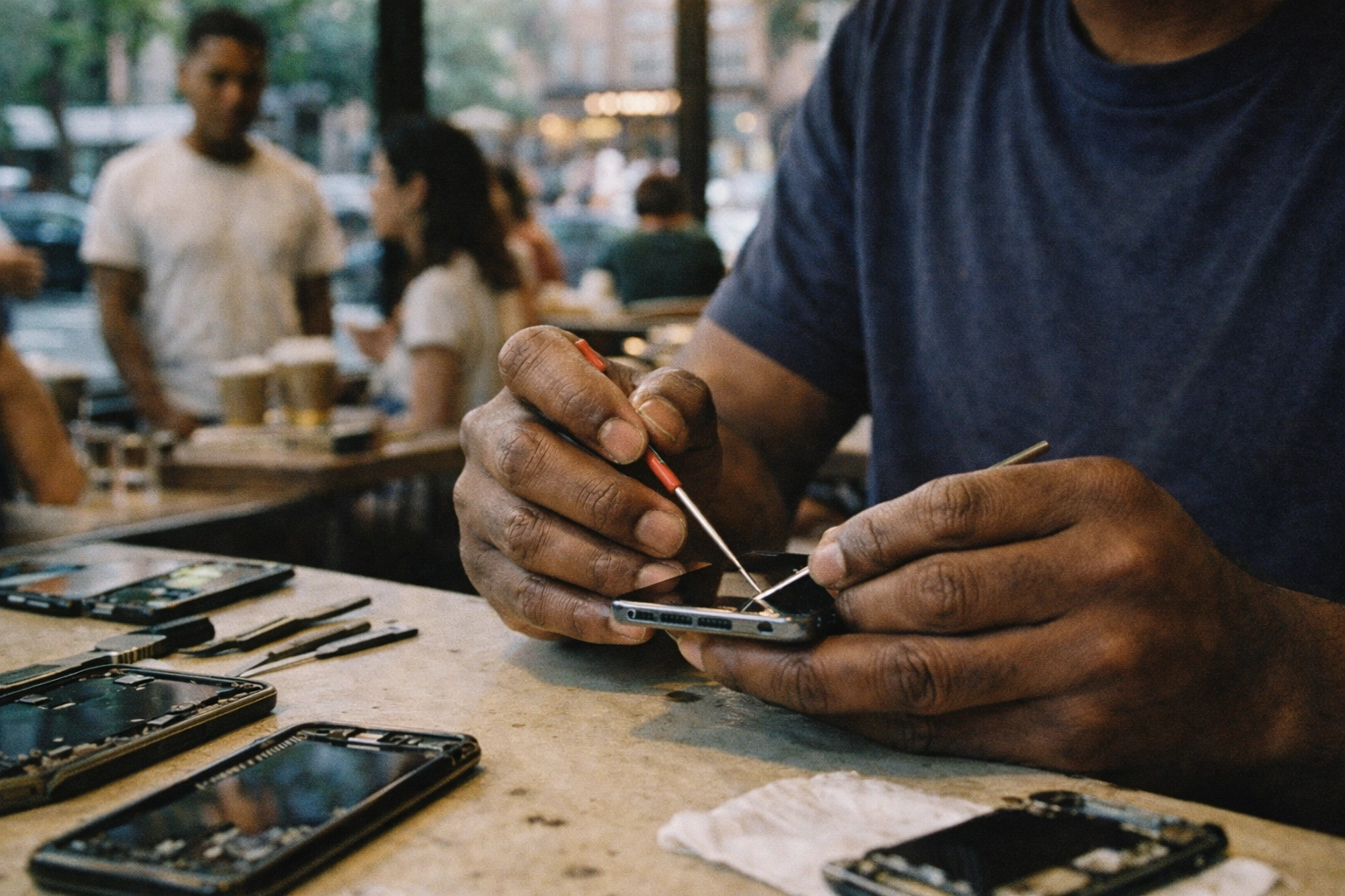 Phone repair technician cleaning charging ports at Brooklyn sustainable tech repair shop