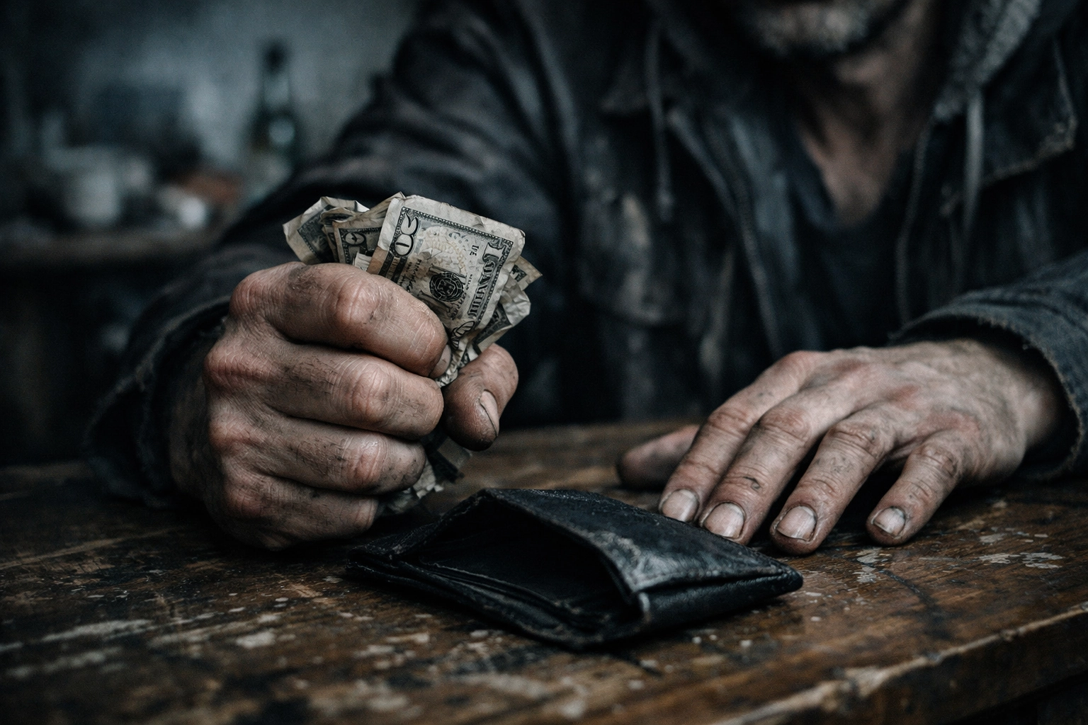 Trembling hands clutching crumpled cash, illustrating the financial stress of addiction in gay thriller stories.