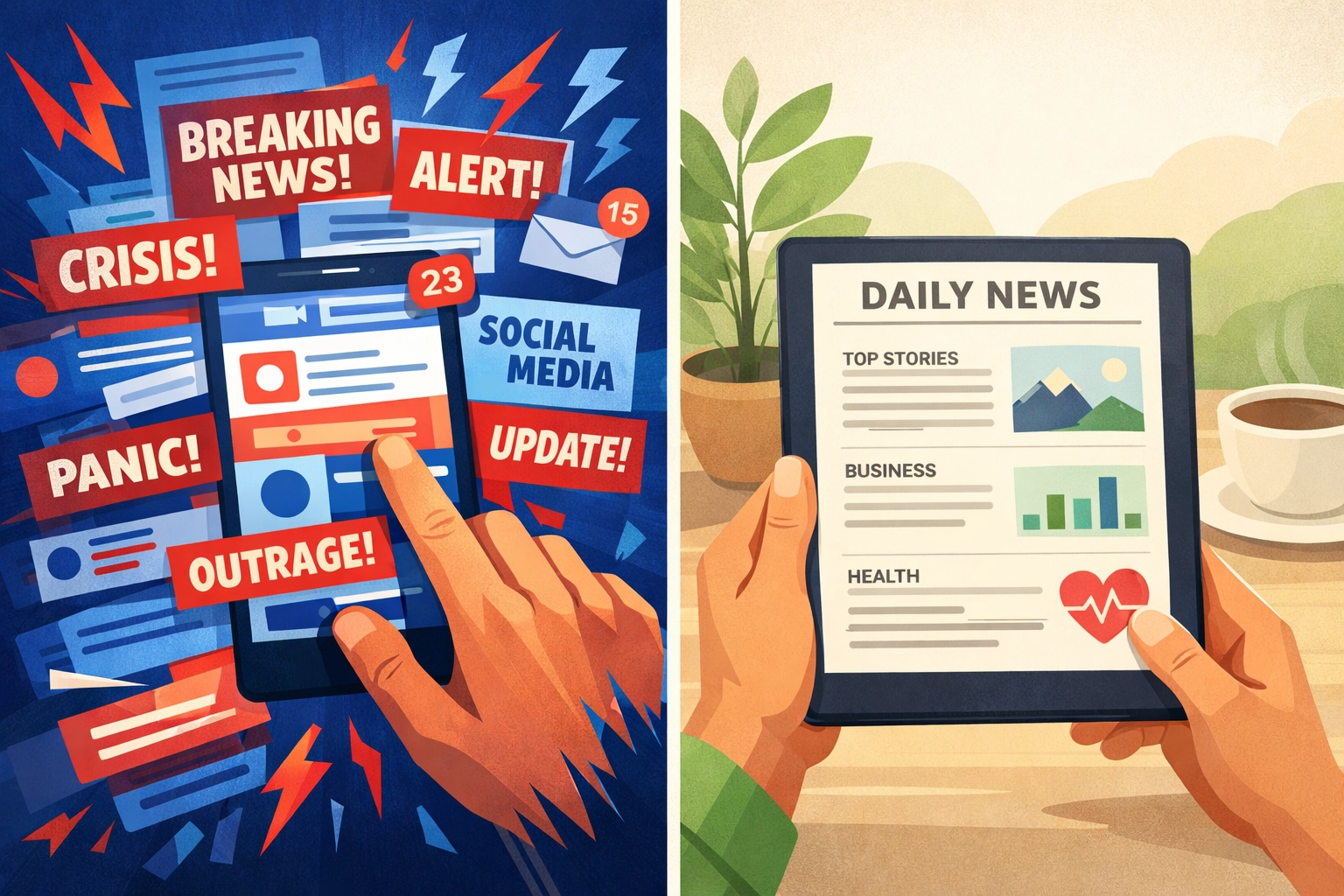 Contrast between chaotic social media scrolling and calm structured news brief reading