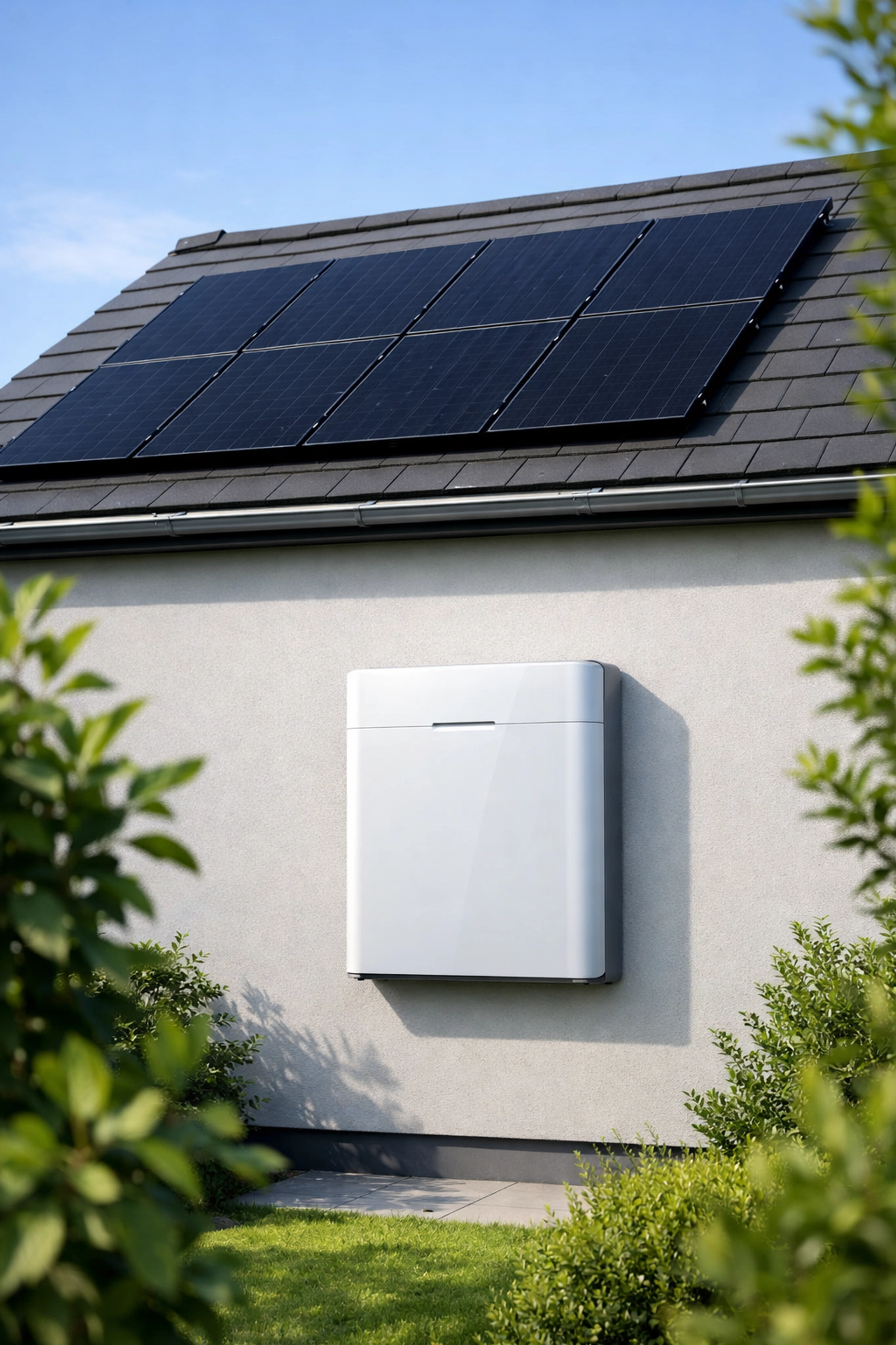 Modern Bournemouth home with rooftop solar panels and sleek wall-mounted battery storage unit.