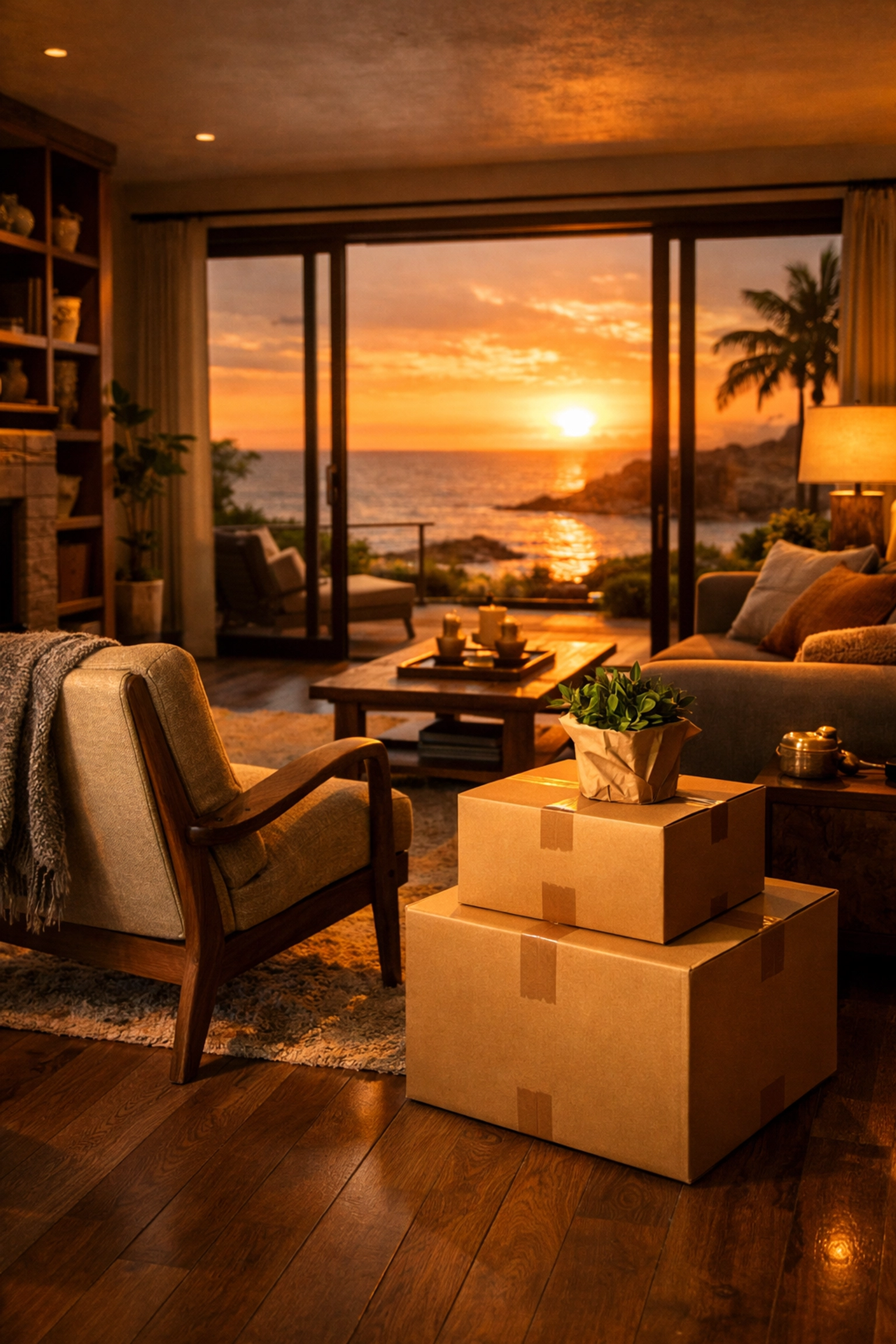 Interior of a modern home with packing boxes prepared for a major building renovation project.
