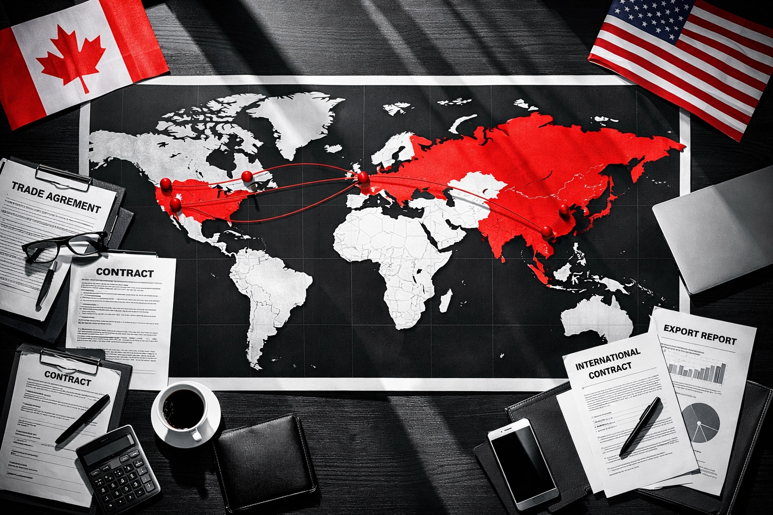 International trade documents and world map showing Calgary's global business expansion