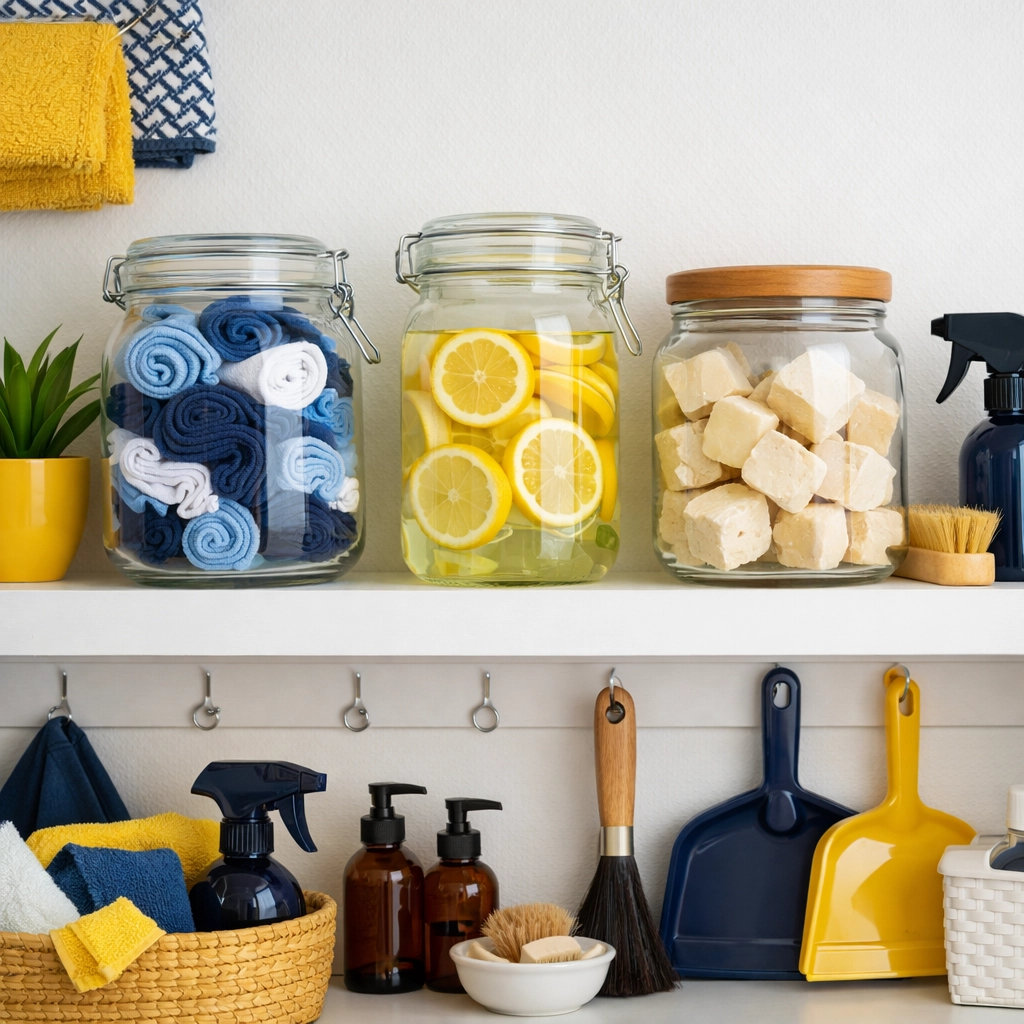Organized eco-friendly cleaning supplies including rolled T-shirt rags and natural solutions.