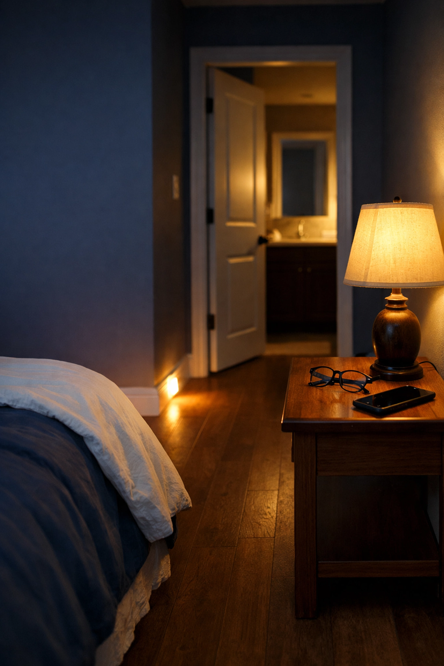 Bedroom with clear nighttime pathway to bathroom, nightlight, and essentials on bedside table