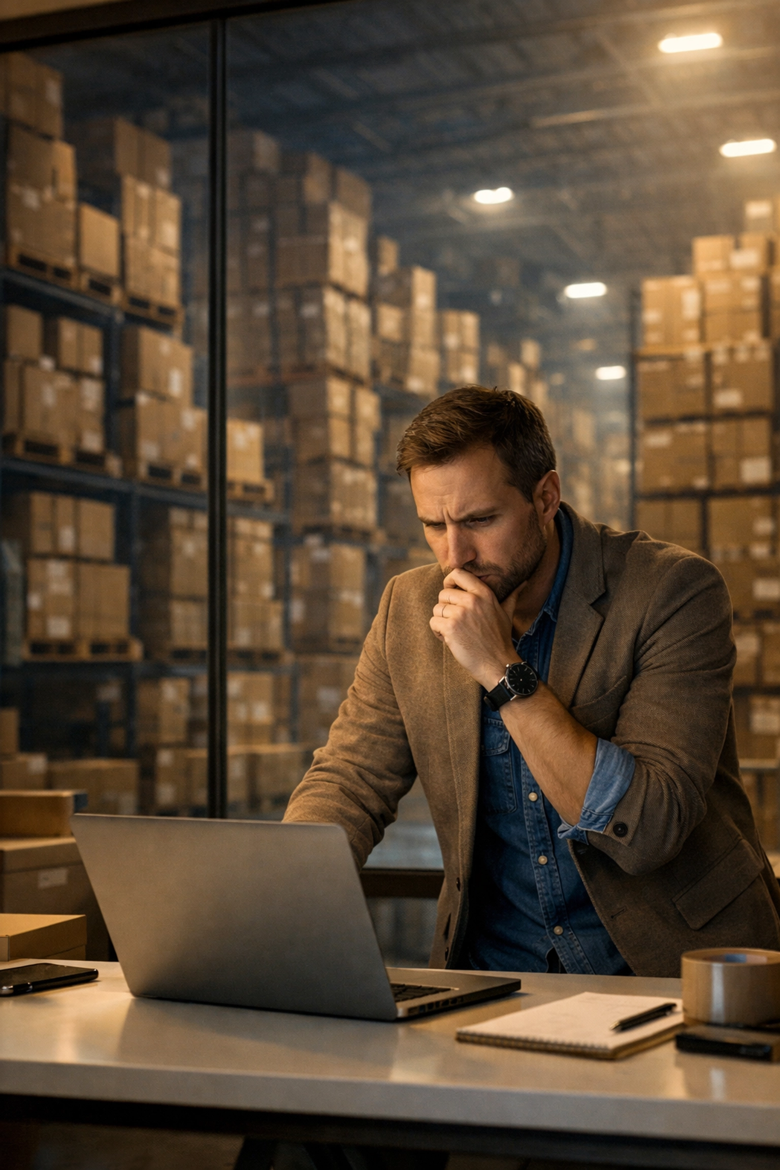 E-commerce seller losing control of stock in a warehouse, showing the risk of Amazon AWD hostage inventory.