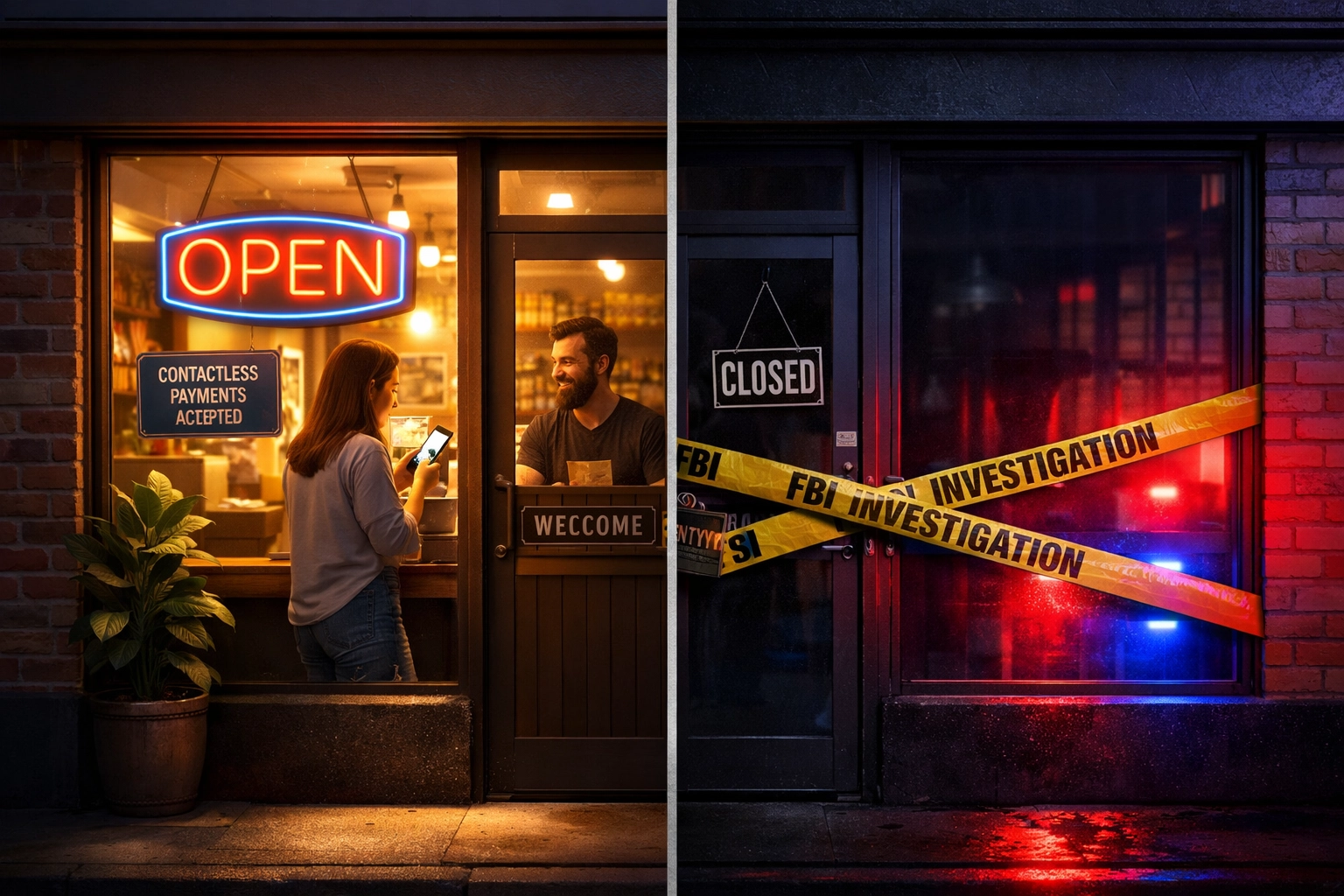 Small business storefront split view showing compliance success versus FBI investigation shutdown
