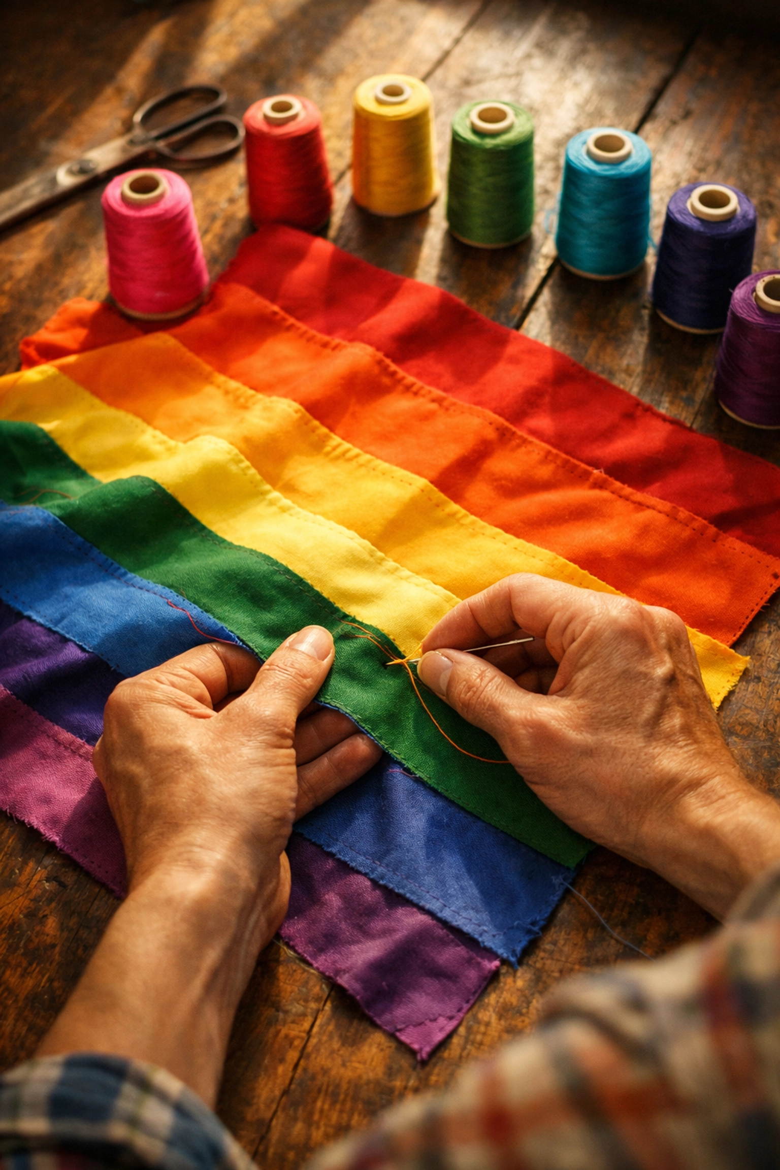 Gilbert Baker hand-stitching the original eight-color rainbow flag in 1978 with volunteers