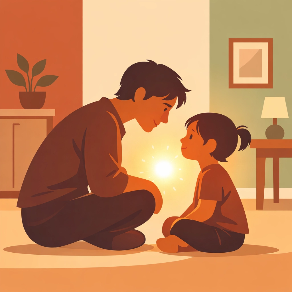 Parent kneeling at child's eye level teaching truth through compassionate conversation