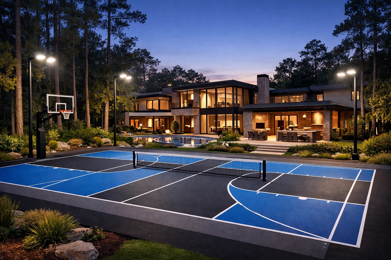 Custom blue multi-sport court and luxury estate in The Woodlands featuring professional LED sports lighting.