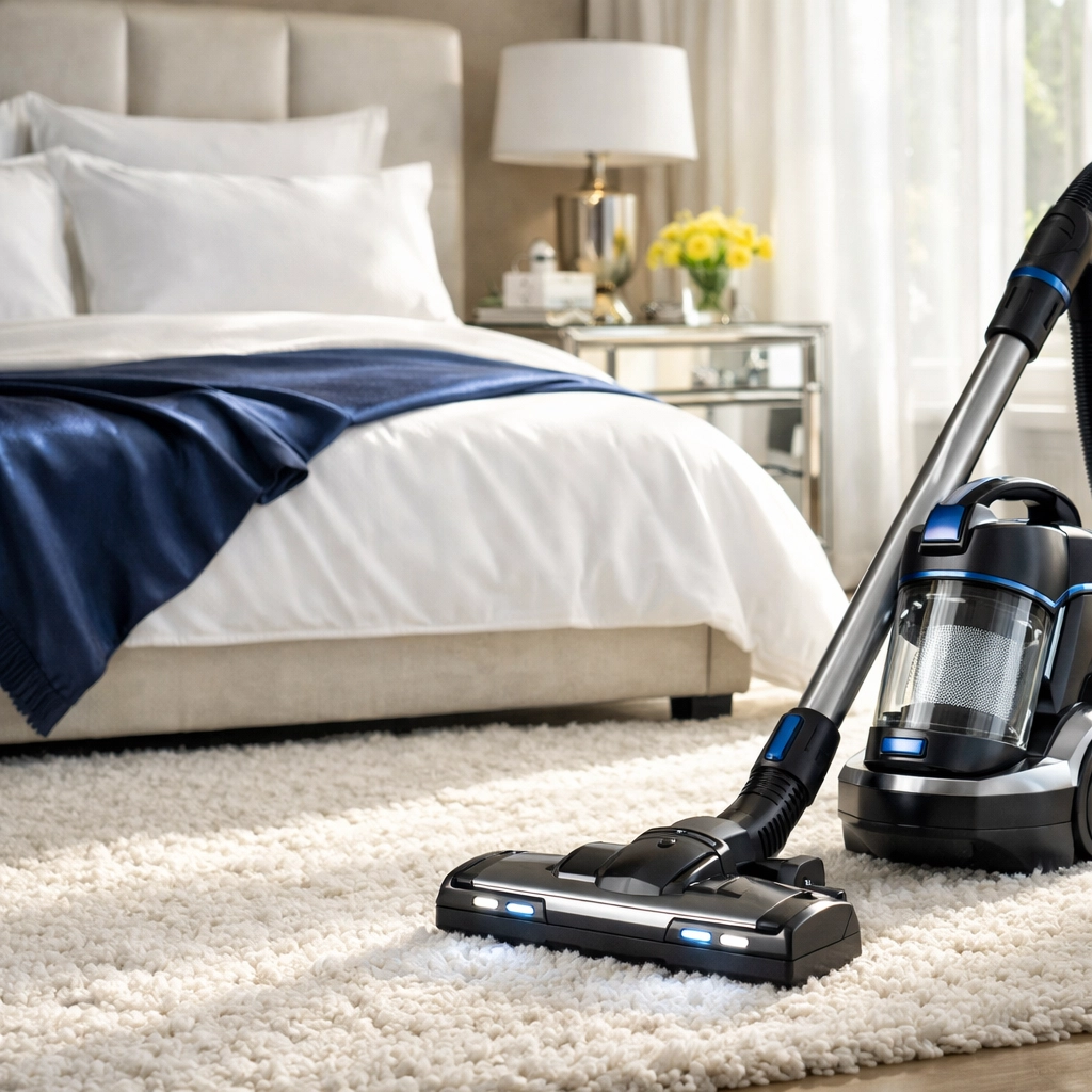 Deep cleaning a luxury Natick MA bedroom with a HEPA vacuum for superior indoor air quality.