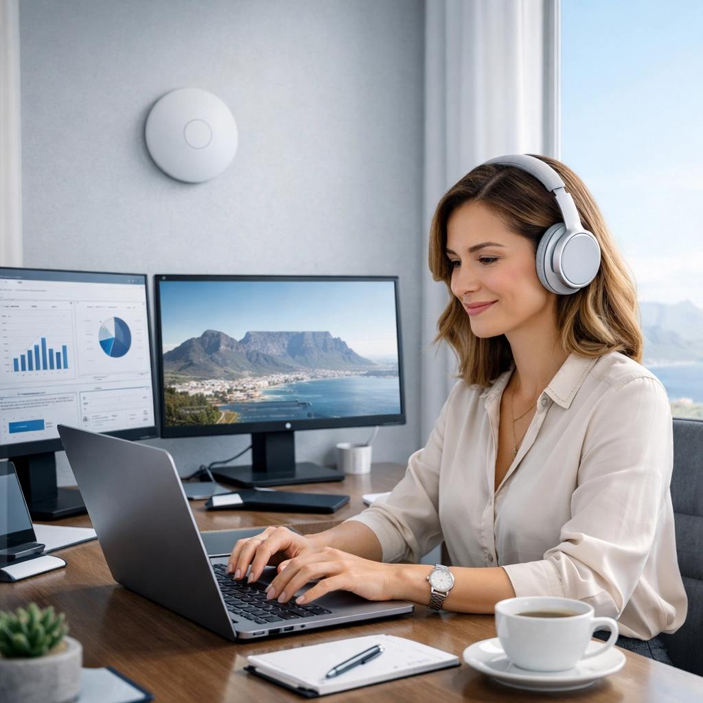 A professional woman working in a Cape Town home office with high-speed Wi-Fi 7 connectivity.