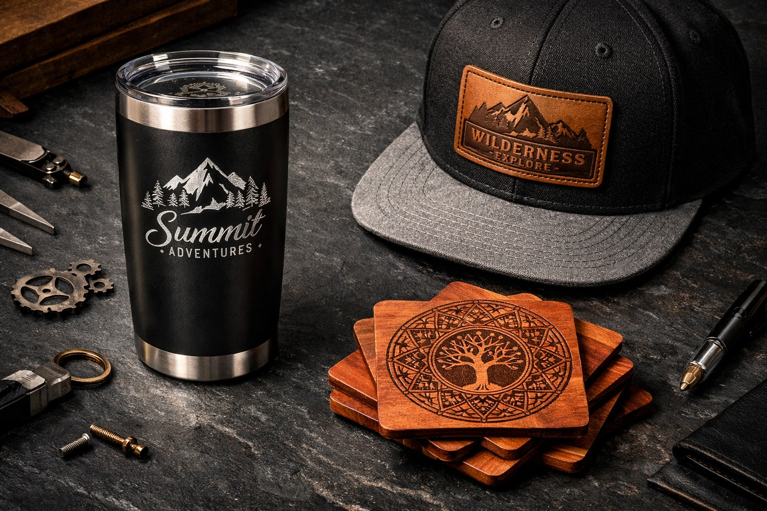 Custom laser engraved stainless steel tumbler, wood coasters, and a leather patch hat on a workbench.