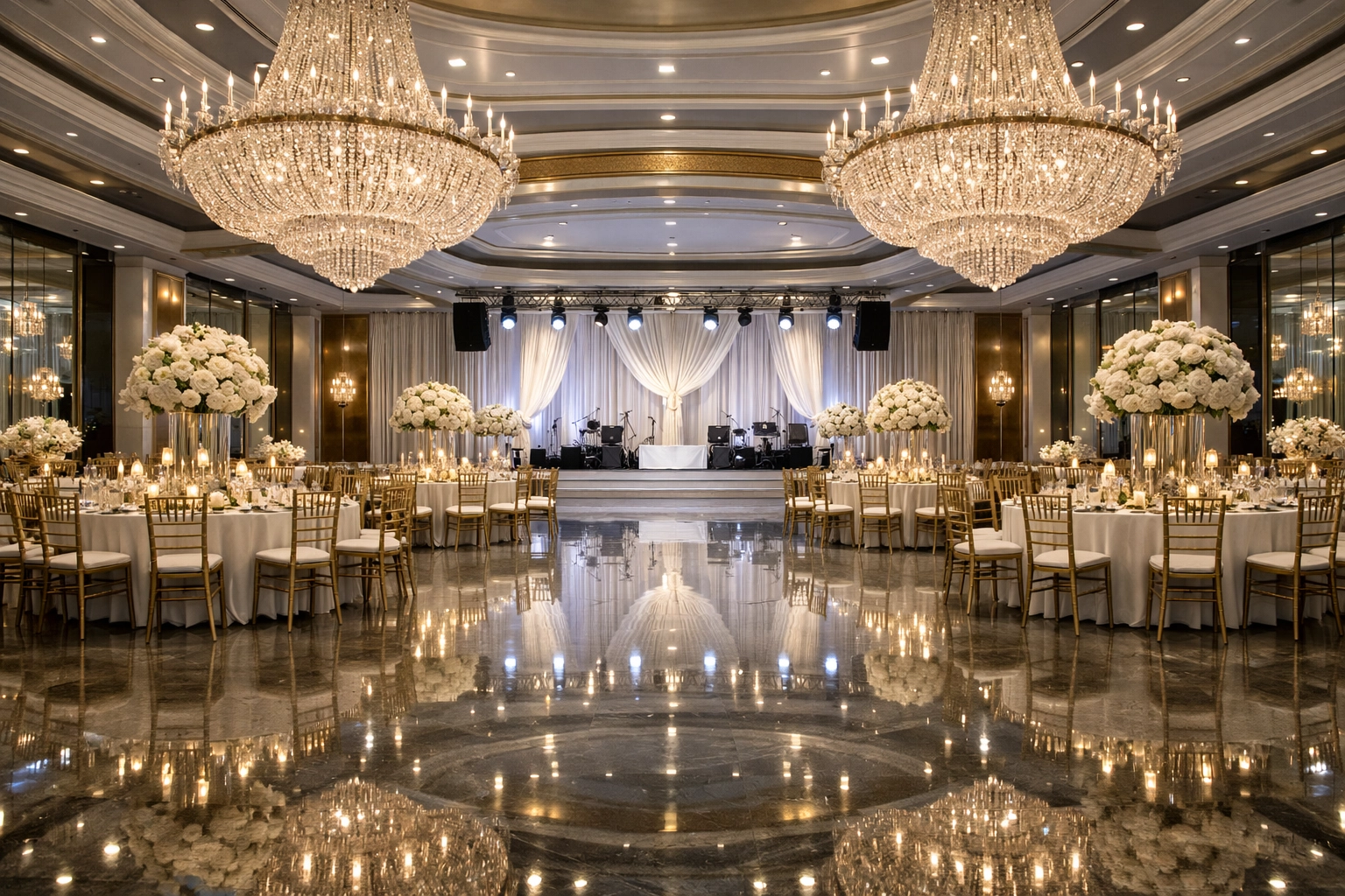Luxury gala ballroom setup at Fontainebleau captured by a professional commercial photographer Miami.
