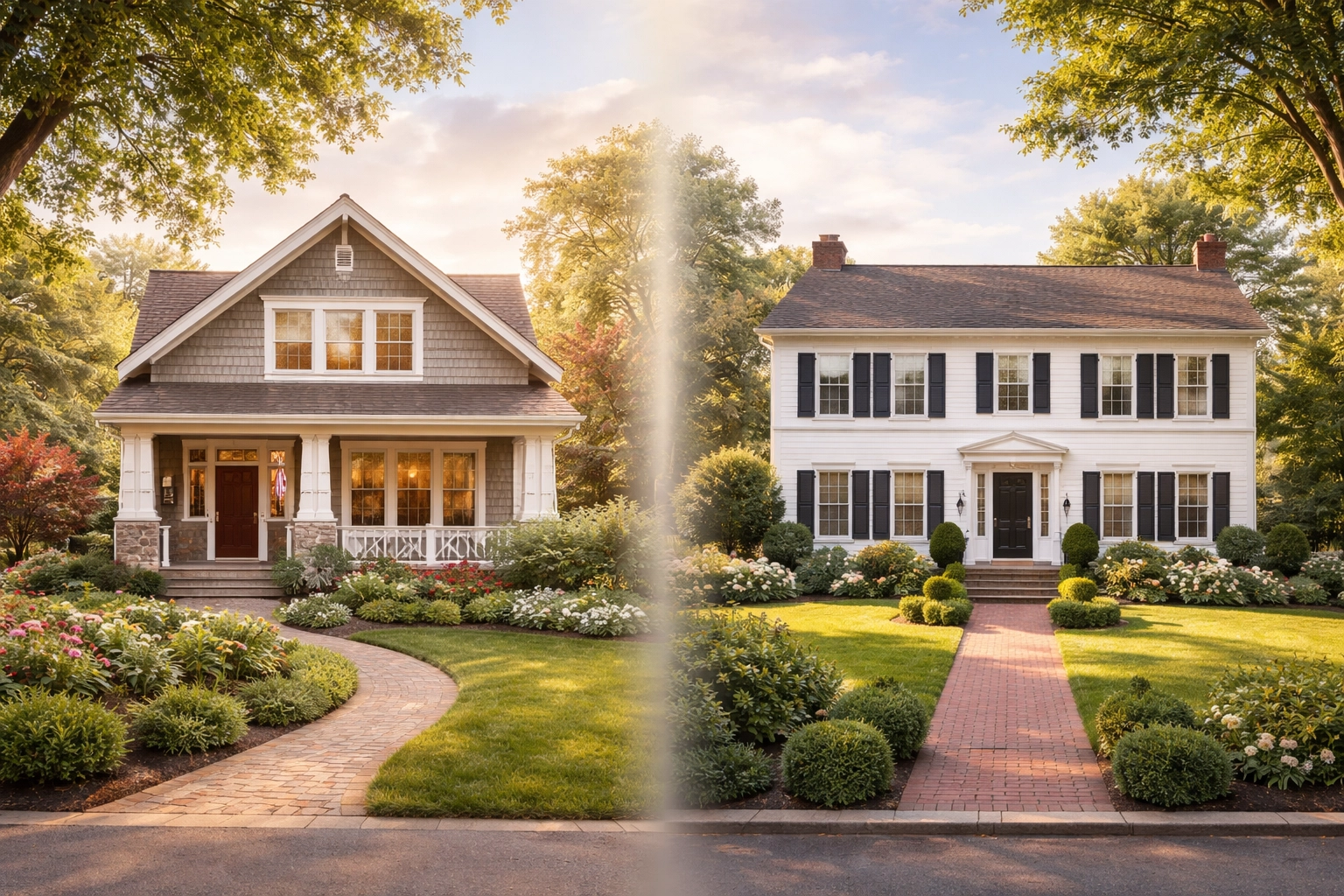 Split image showing Pennsylvania and New Jersey homes, highlighting regional title insurance cost differences
