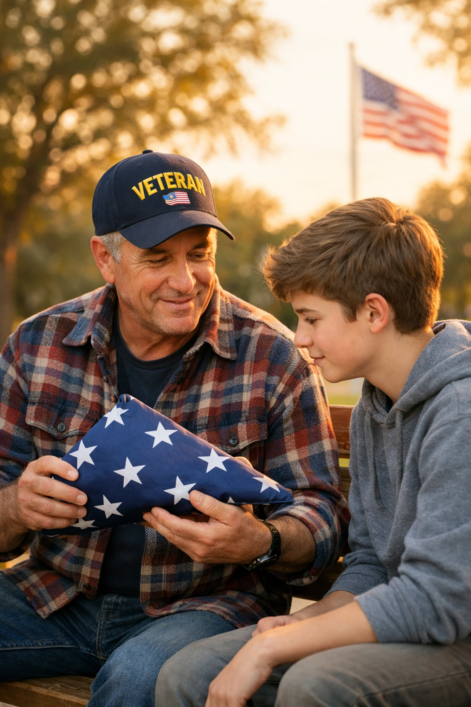 An American veteran mentoring a teenager about civic leadership and the history of the flag.