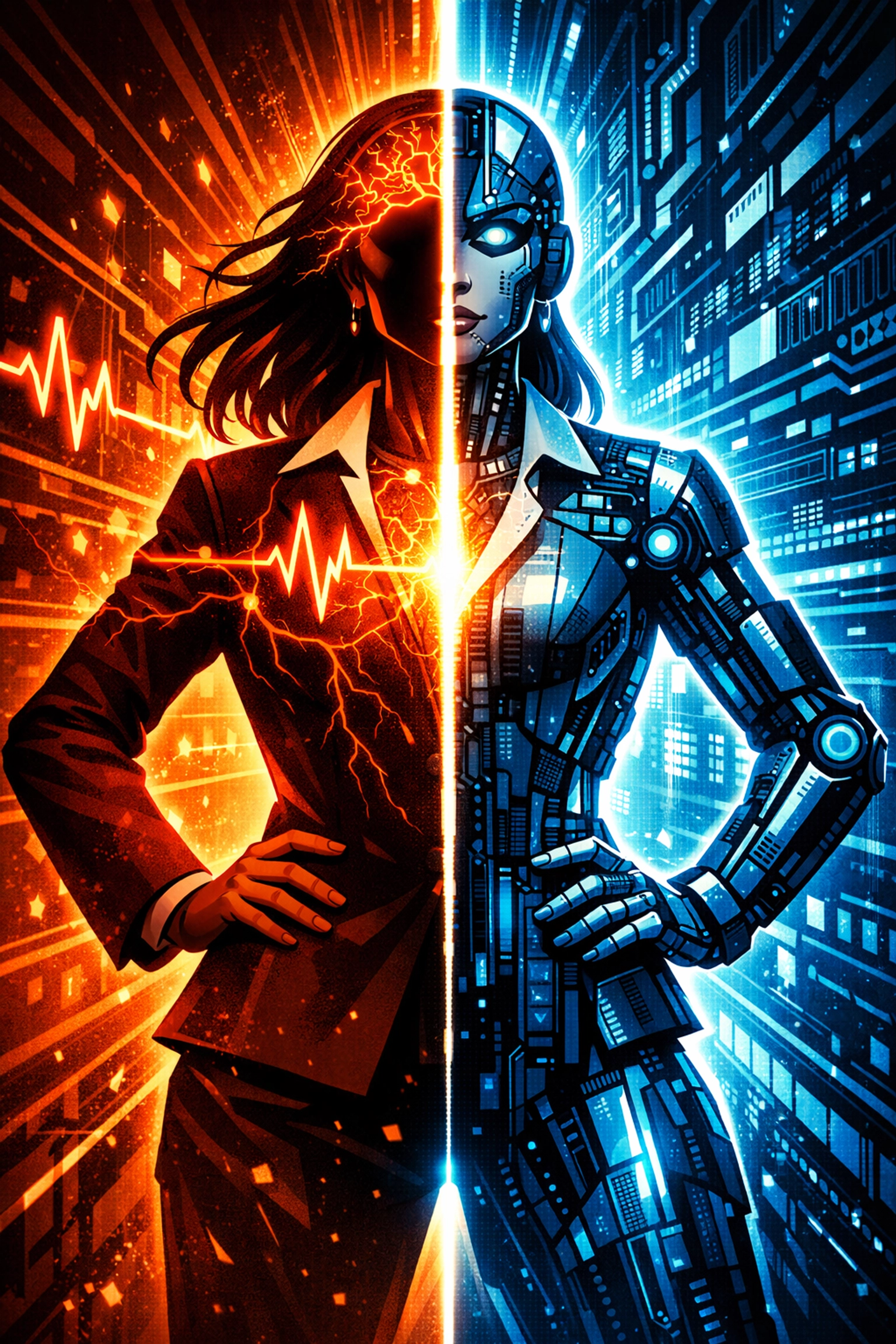 Executive silhouette split between human consciousness and AI technology integration