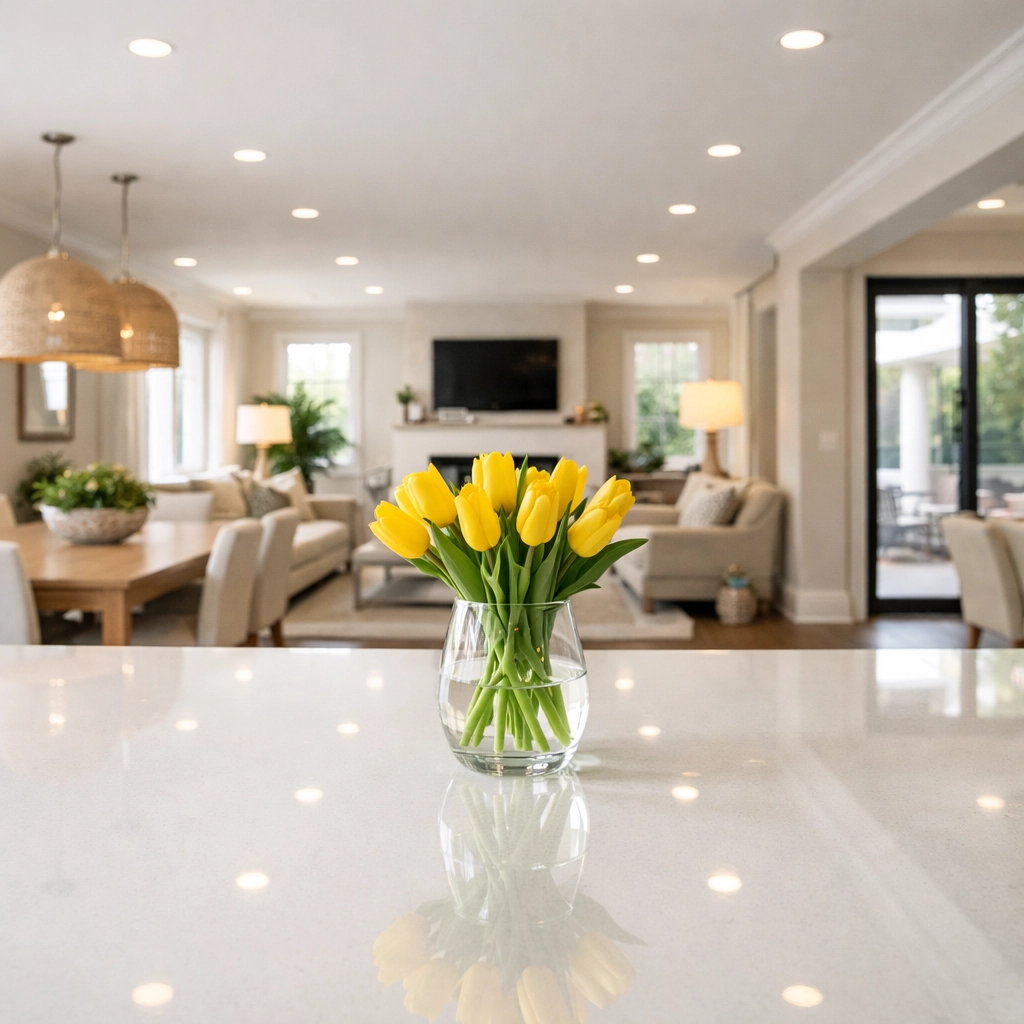 A spotless Airbnb kitchen island and living area ready for a 5-star guest check-in.