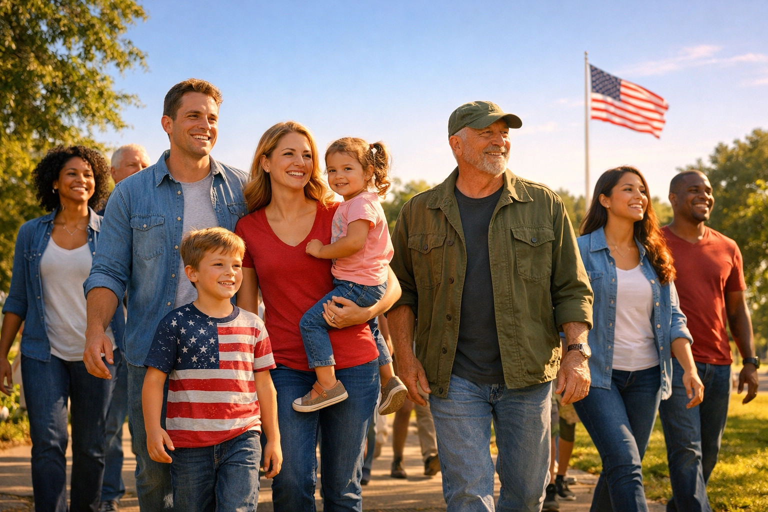 Diverse American patriots walking together in a sun-lit park, embodying national renewal and shared civic pride.